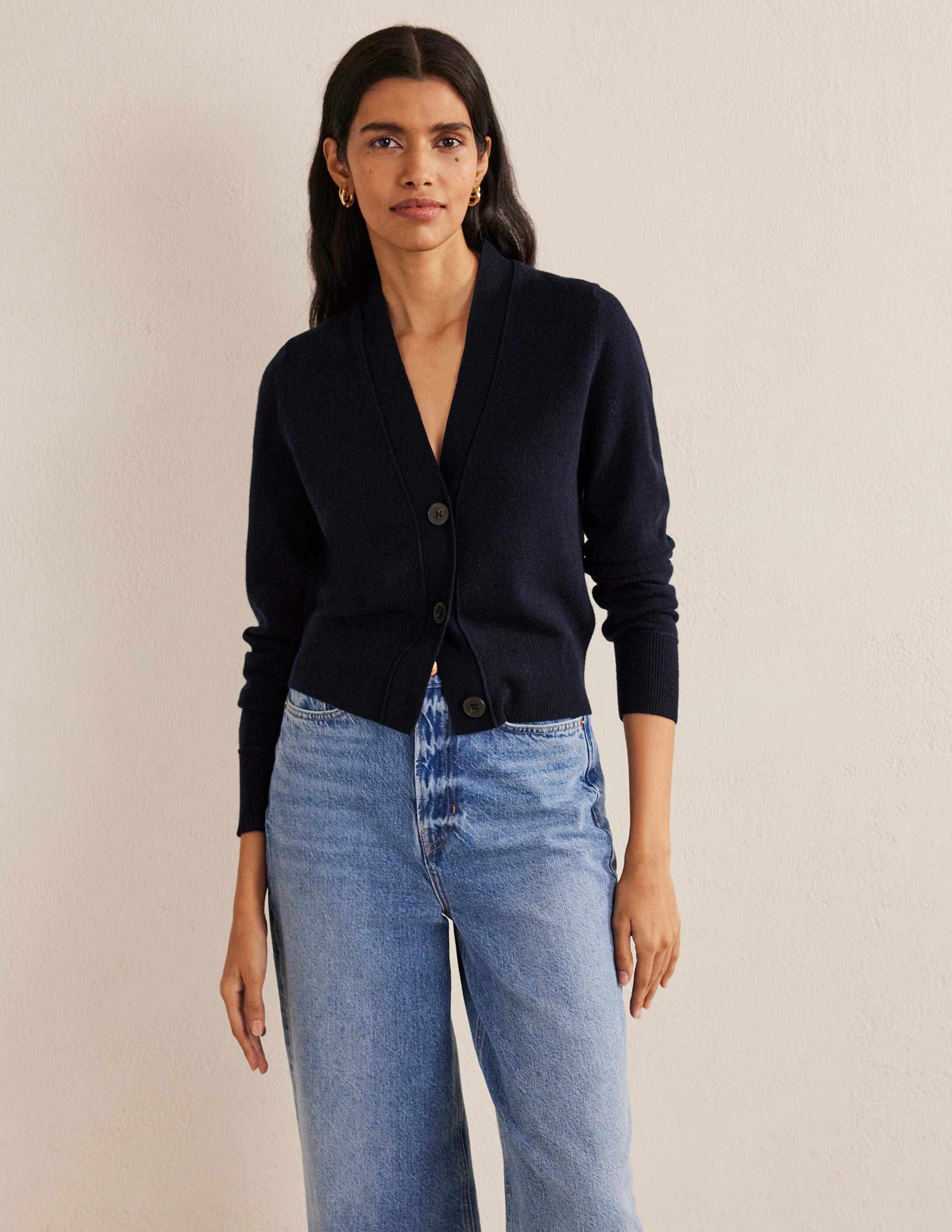 Cropped Cashmere V Cardigan-Navy - Image 1