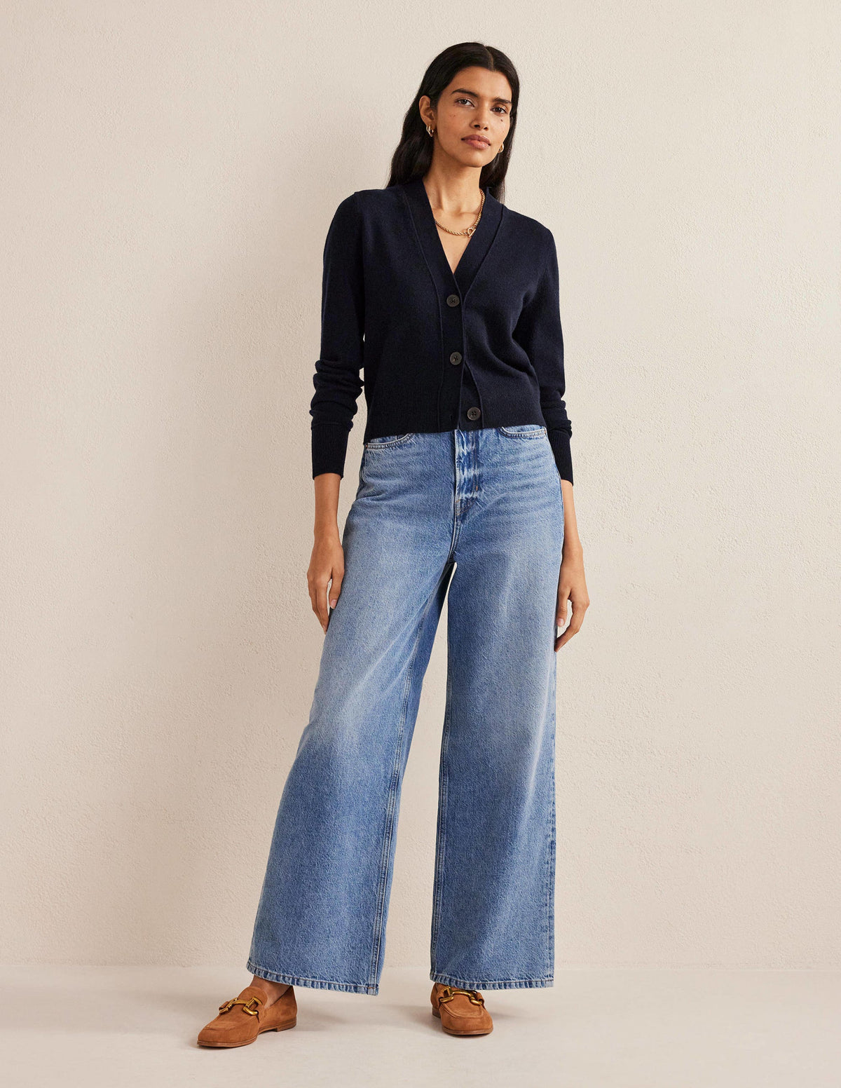Cropped Cashmere V Cardigan-Navy - Image 4