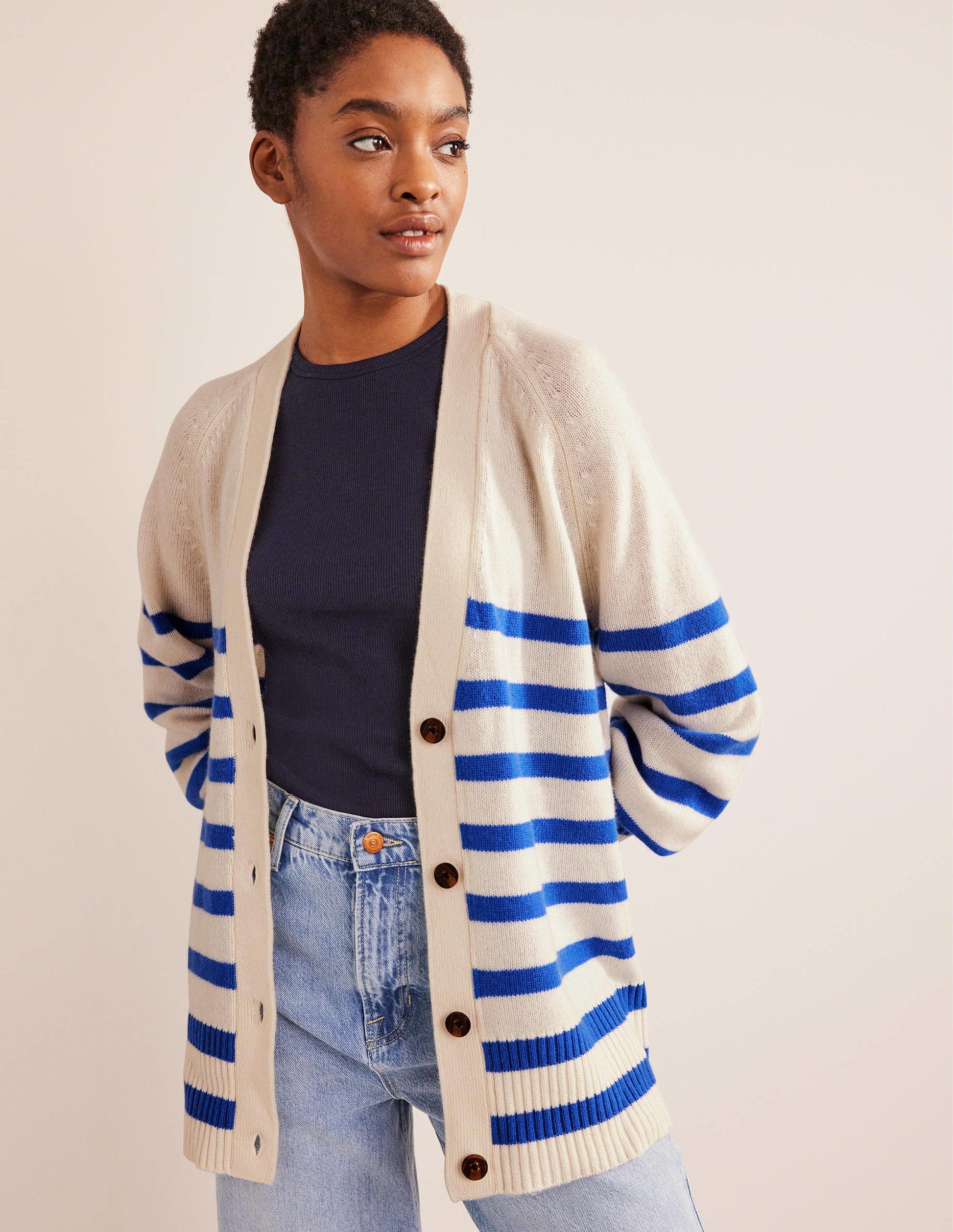 Long Cashmere Cardigan-Ivory, Bright Blue Stripe-2