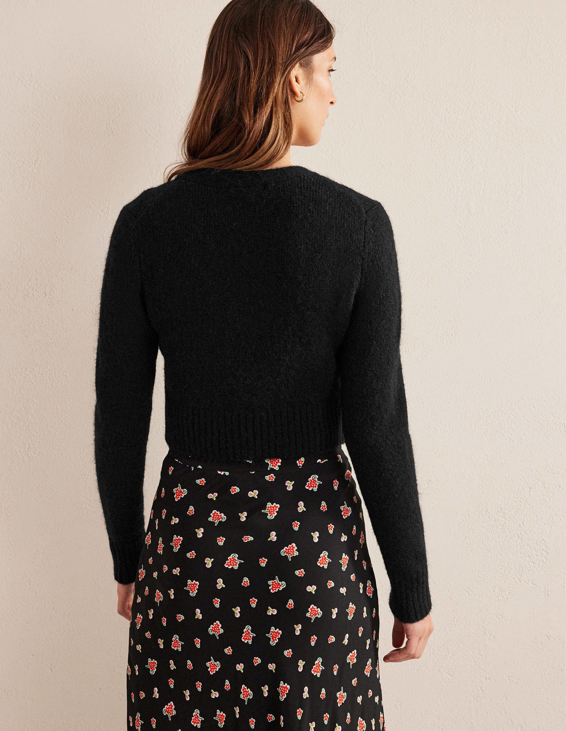 Fluffy Cropped V-Neck Cardigan-Black-3