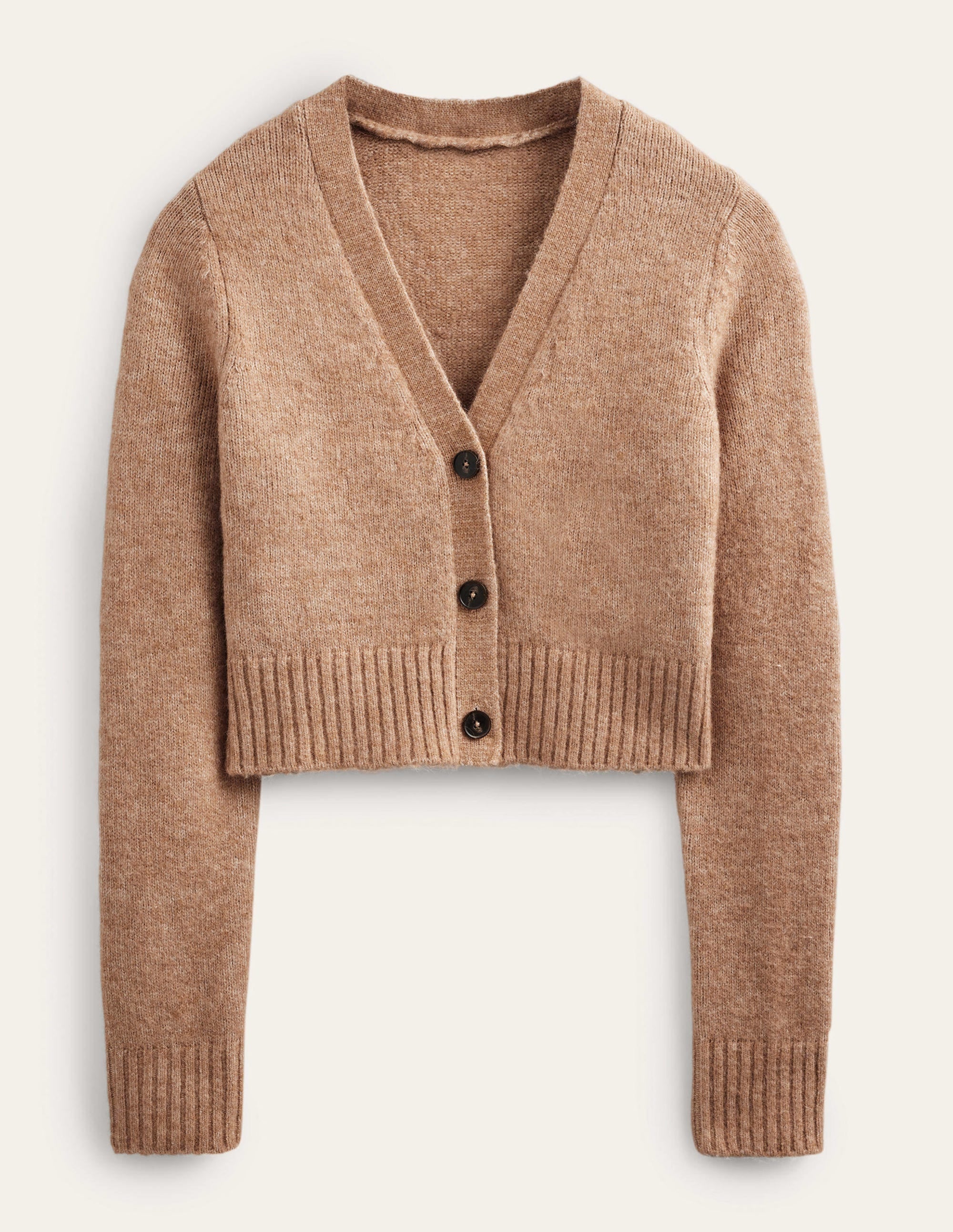 Fluffy Cropped V-Neck Cardigan-Camel Melange - Image 6