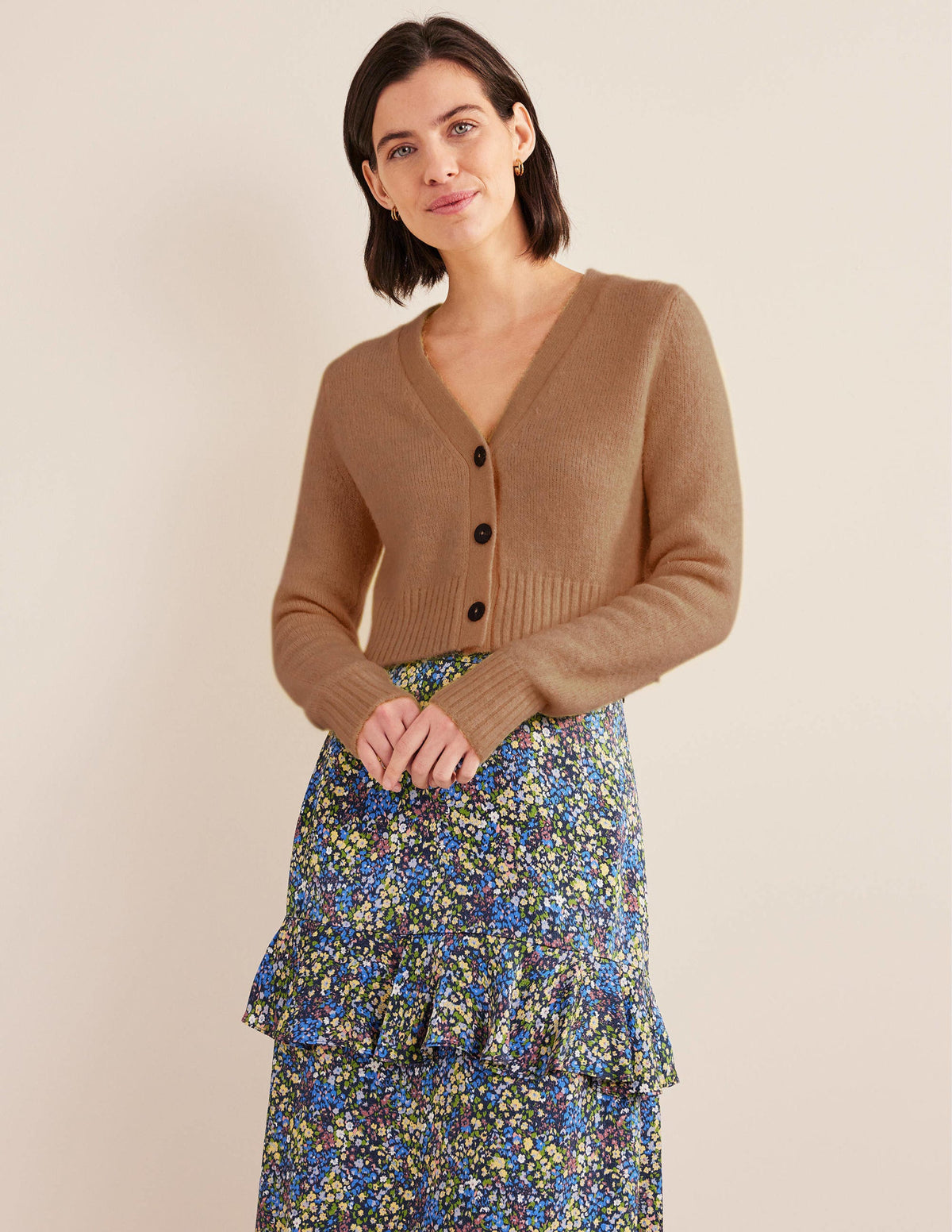 Fluffy Cropped V-Neck Cardigan-Camel Melange-1