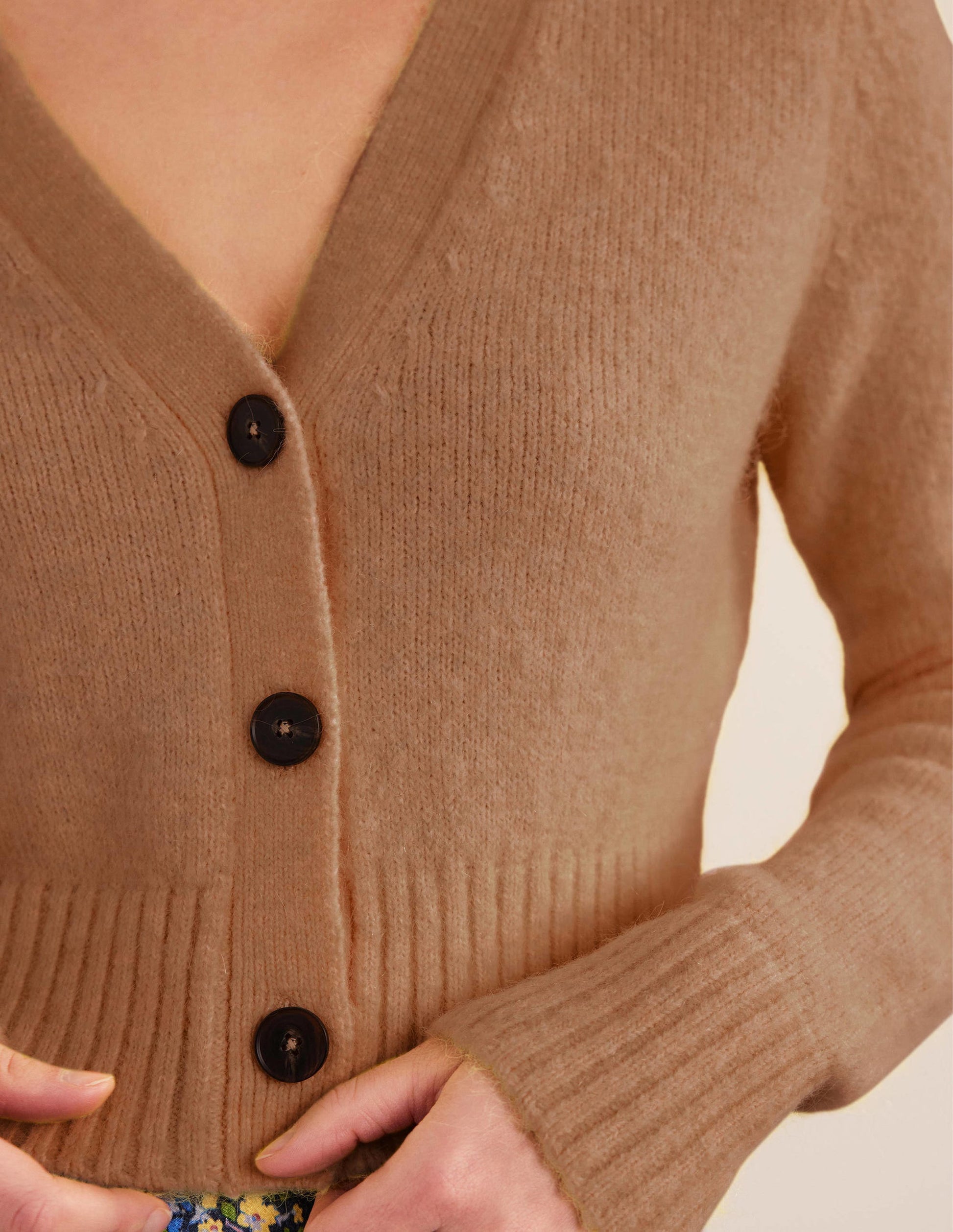 Fluffy Cropped V-Neck Cardigan-Camel Melange-2