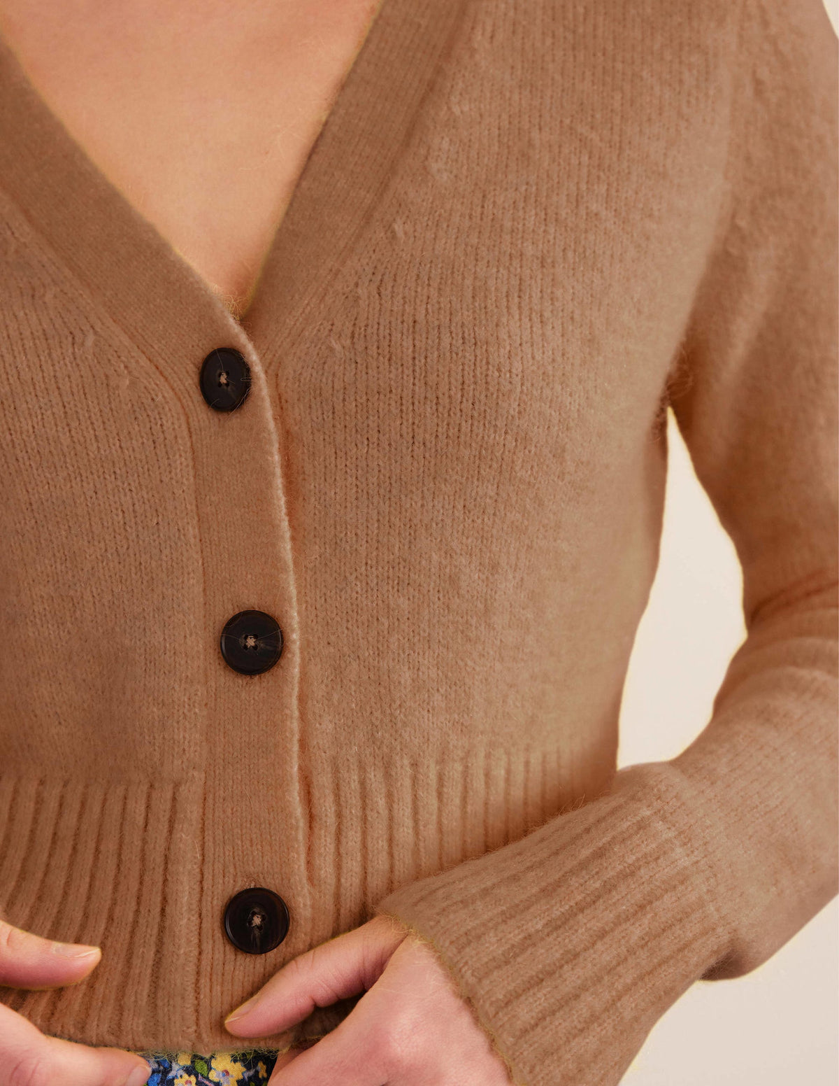 Fluffy Cropped V-Neck Cardigan-Camel Melange - Image 2