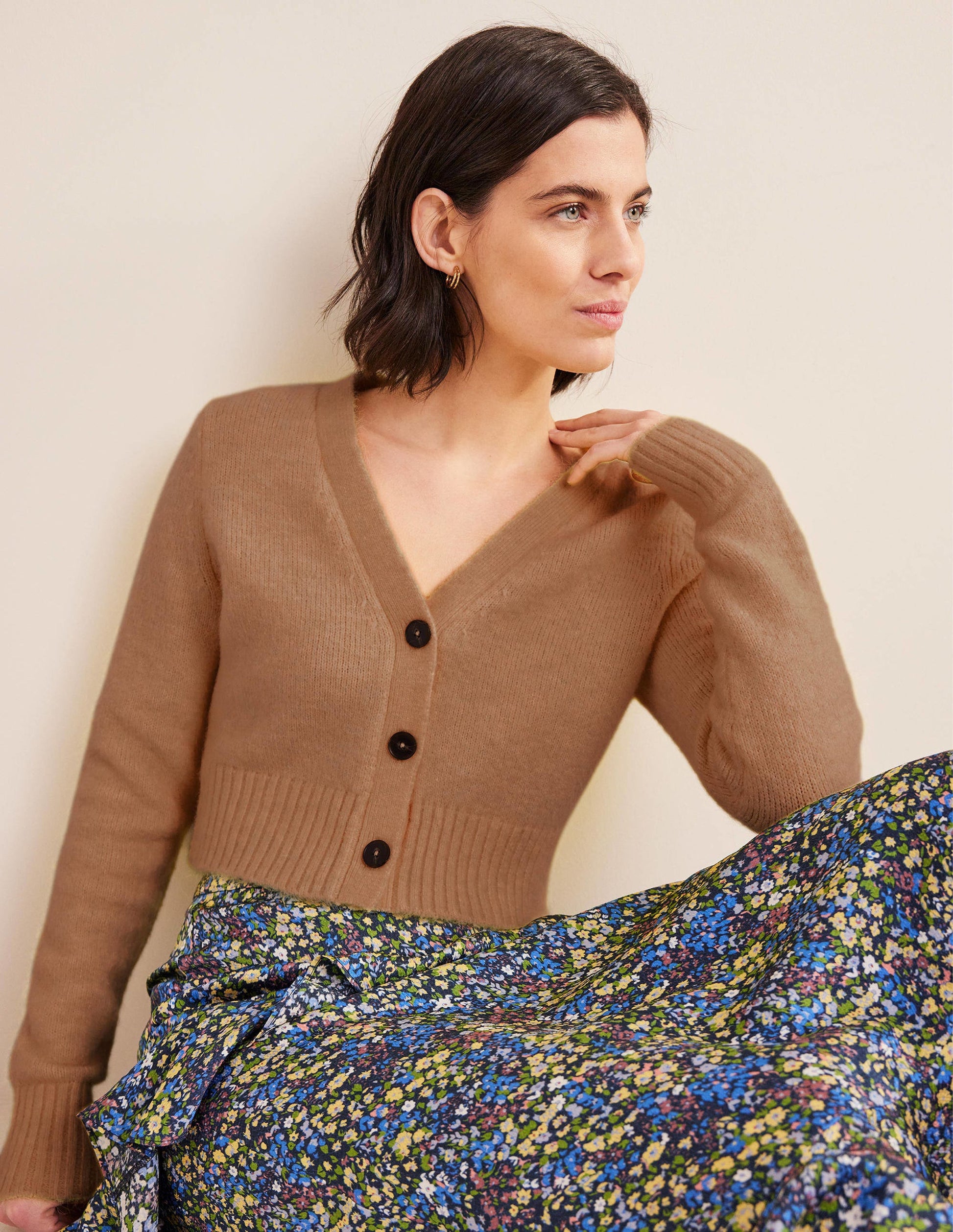 Fluffy Cropped V-Neck Cardigan-Camel Melange-5