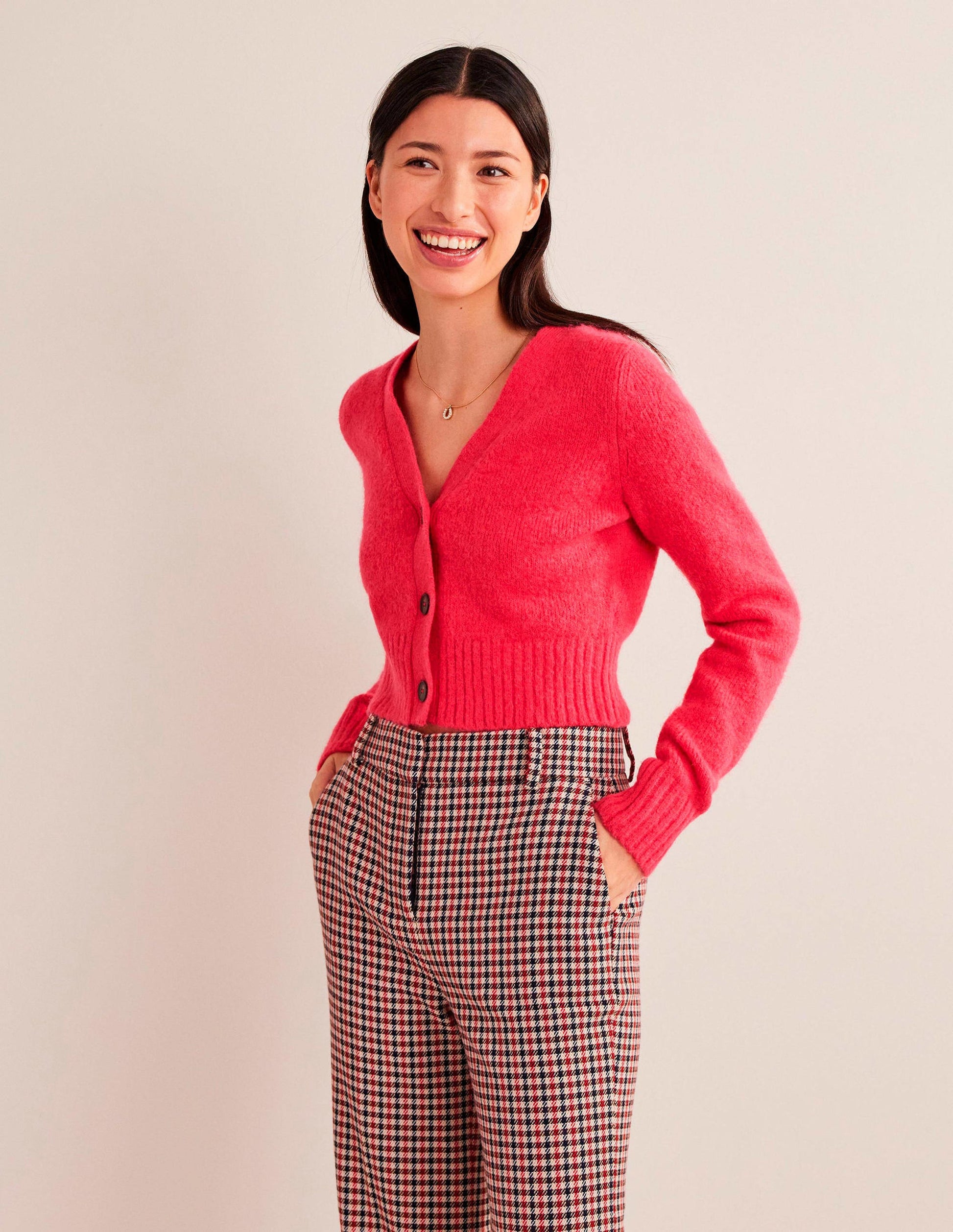 Fluffy Cropped V-Neck Cardigan-Virtual Pink-5