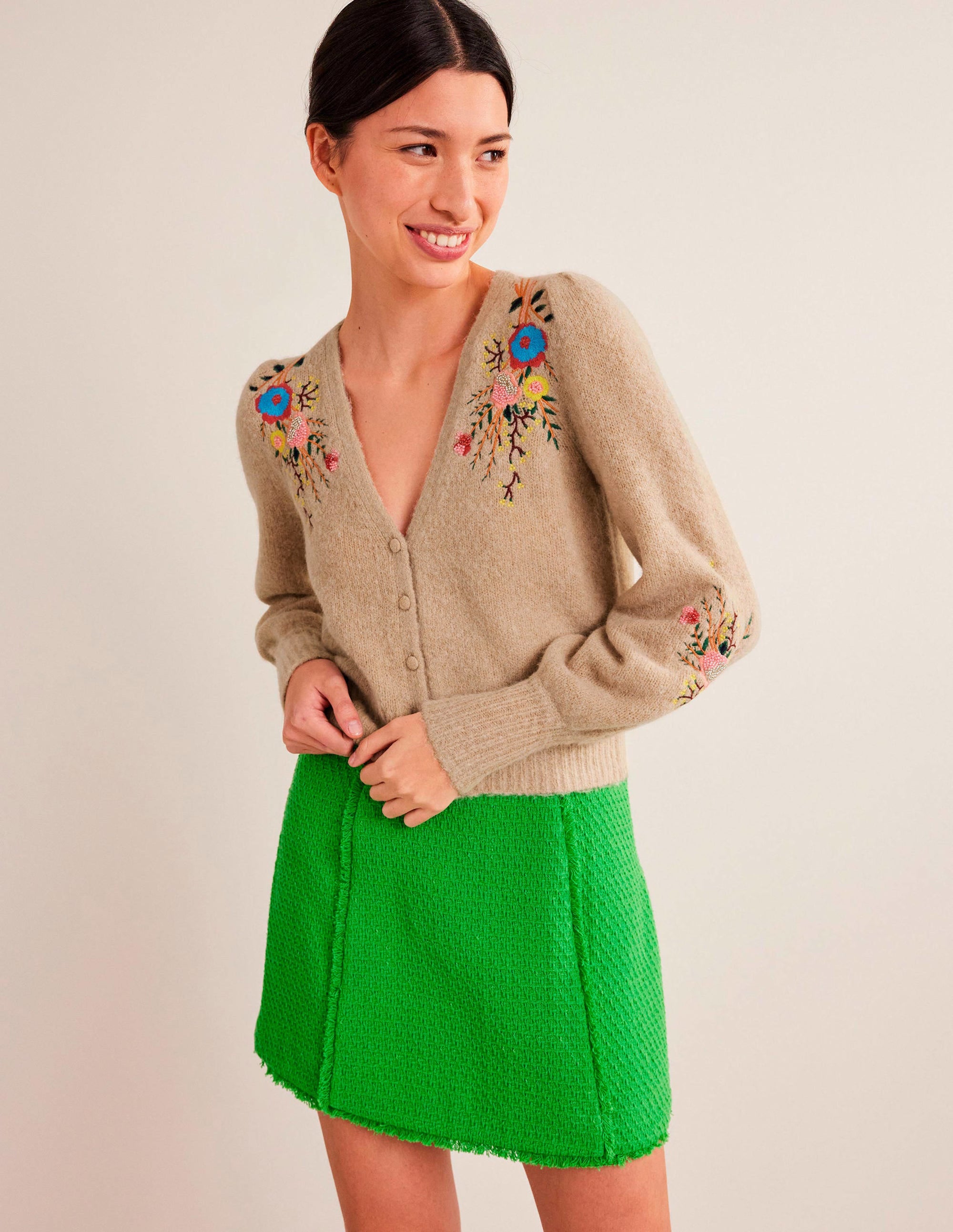 Fluffy Floral Detail Cardigan-Chinchilla Melange Floral - Image 1