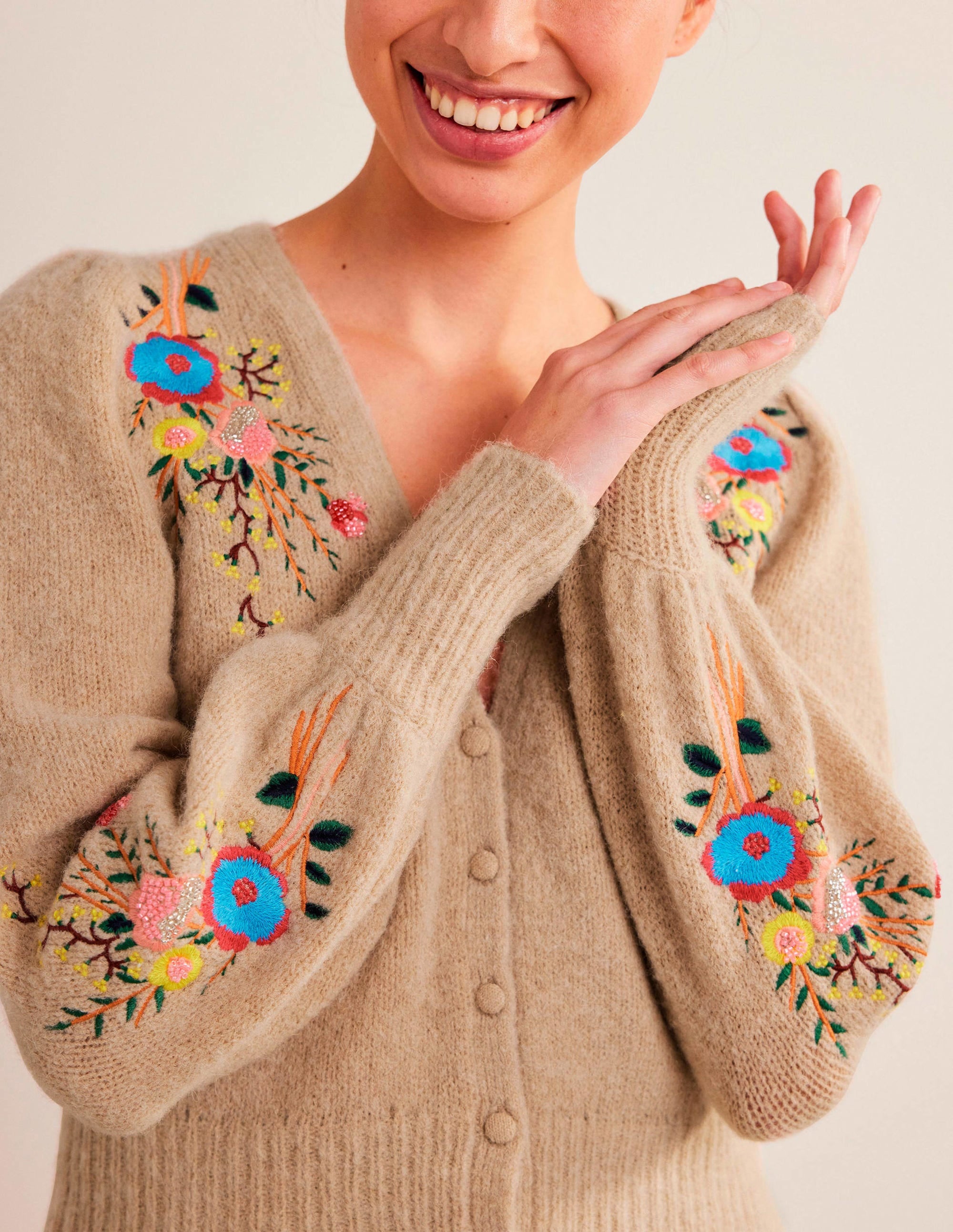 Fluffy Floral Detail Cardigan-Chinchilla Melange Floral - Image 5