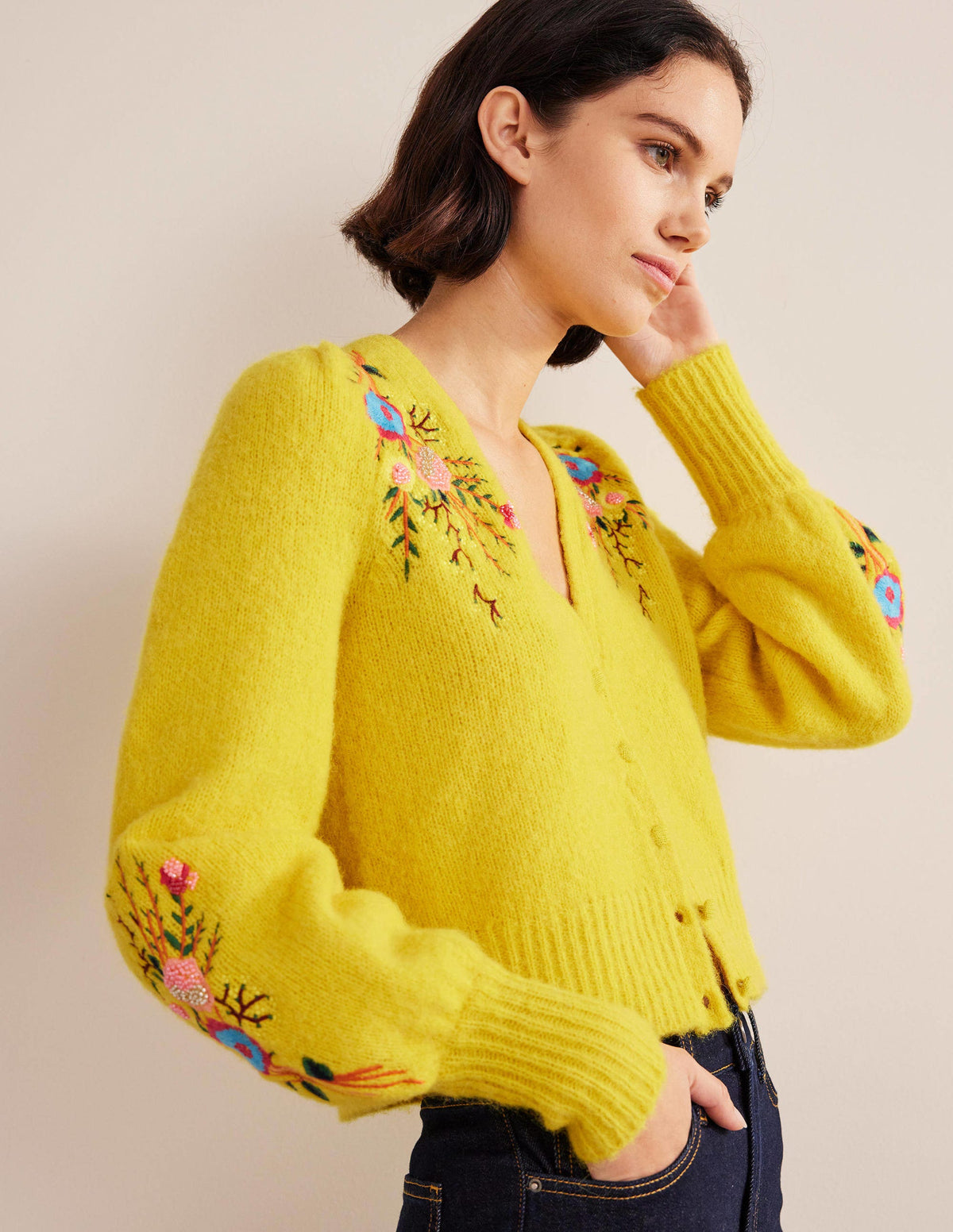 Fluffy Floral Detail Cardigan-Filigree Yellow Floral-1