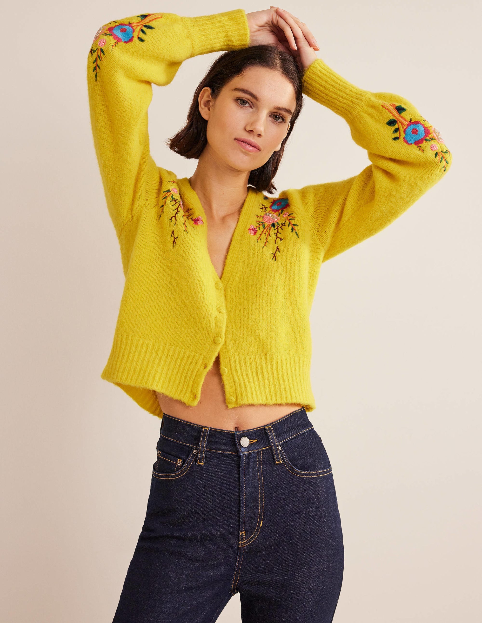 Fluffy Floral Detail Cardigan-Filigree Yellow Floral - Image 4