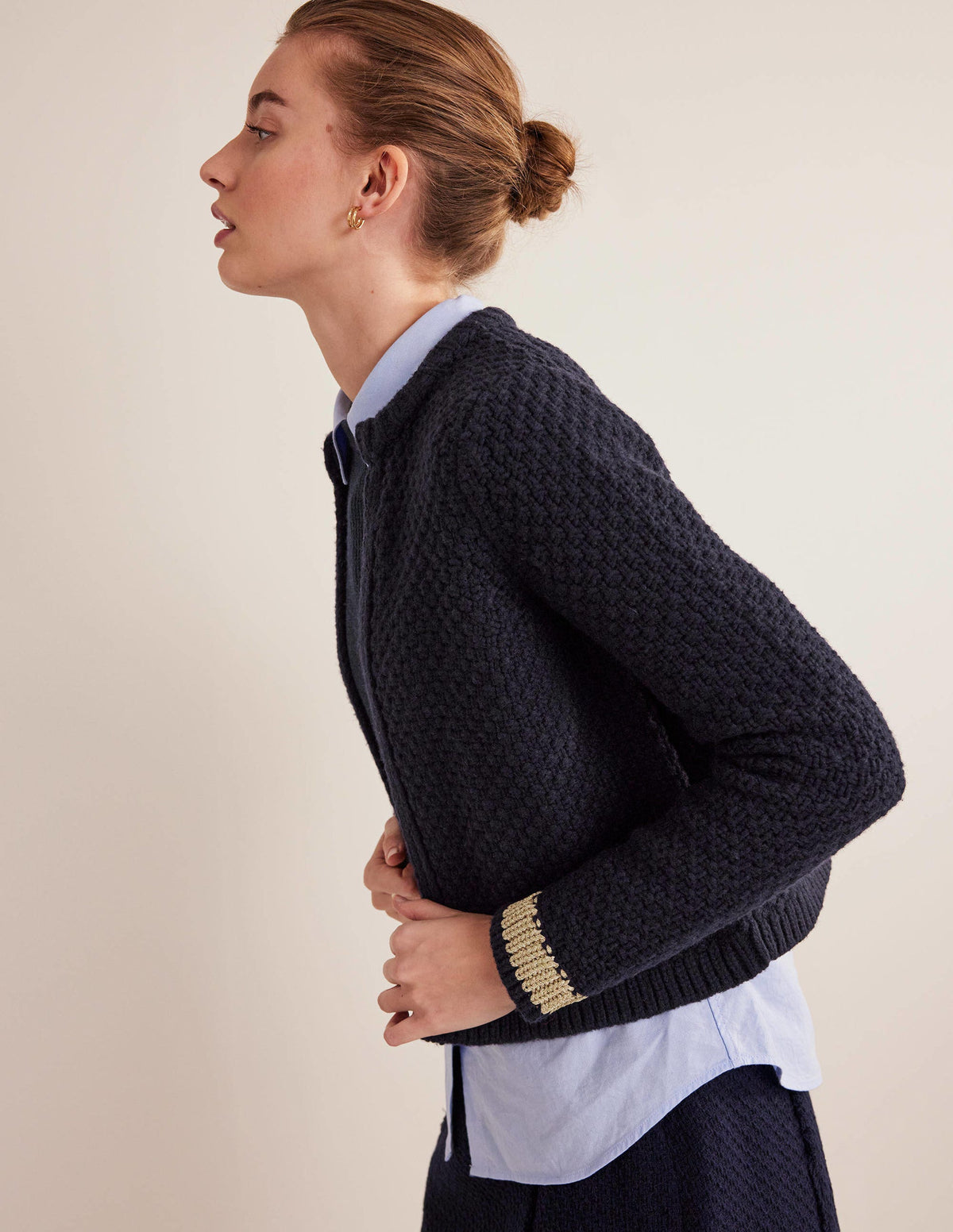Textured Chunky Wool Cardigan-Navy, Gold-1