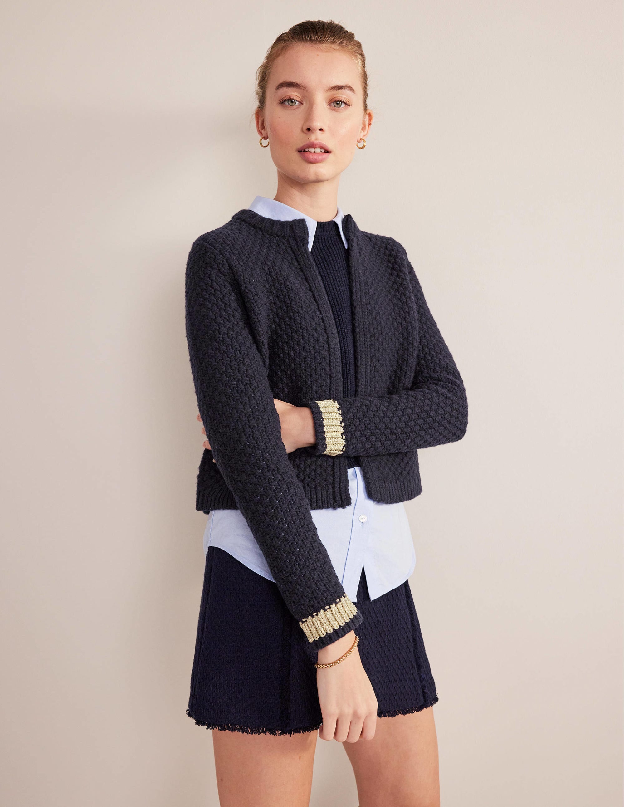 Textured Chunky Wool Cardigan-Navy, Gold - Image 2