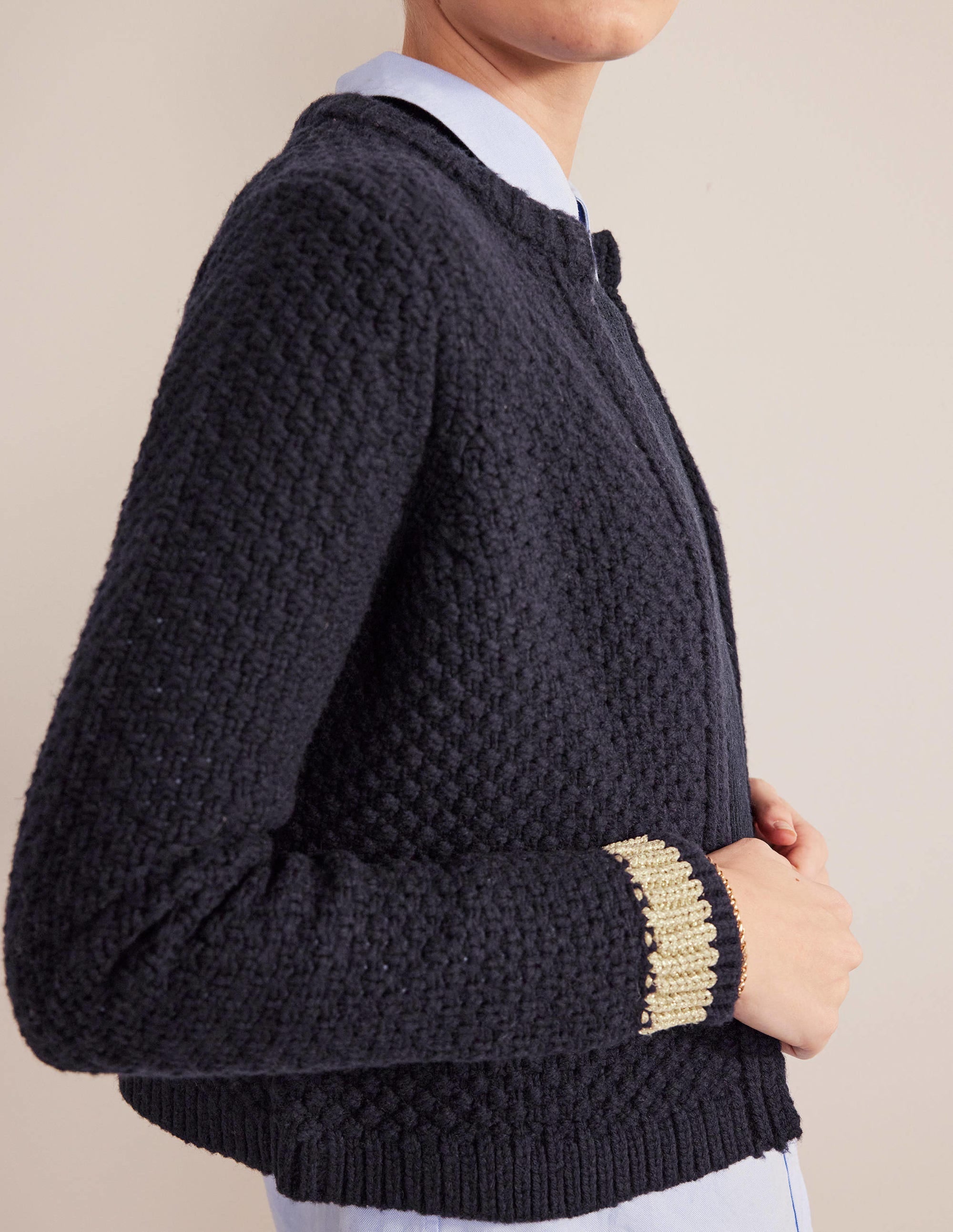 Textured Chunky Wool Cardigan-Navy, Gold - Image 3