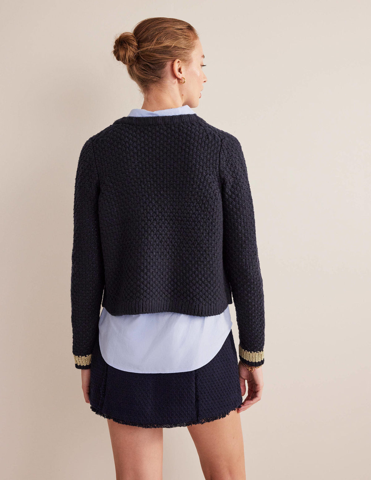 Textured Chunky Wool Cardigan-Navy, Gold - Image 4