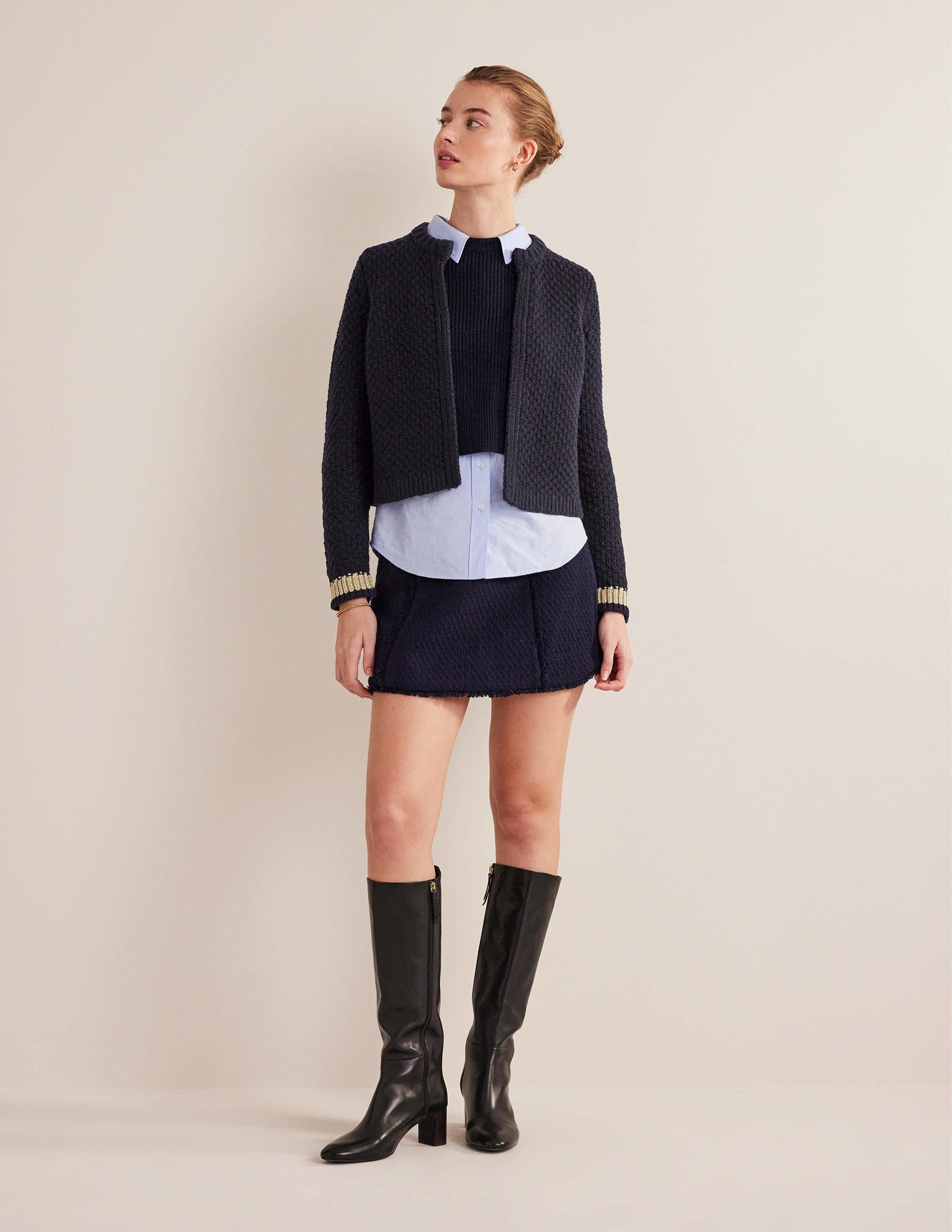 Textured Chunky Wool Cardigan-Navy, Gold - Image 5