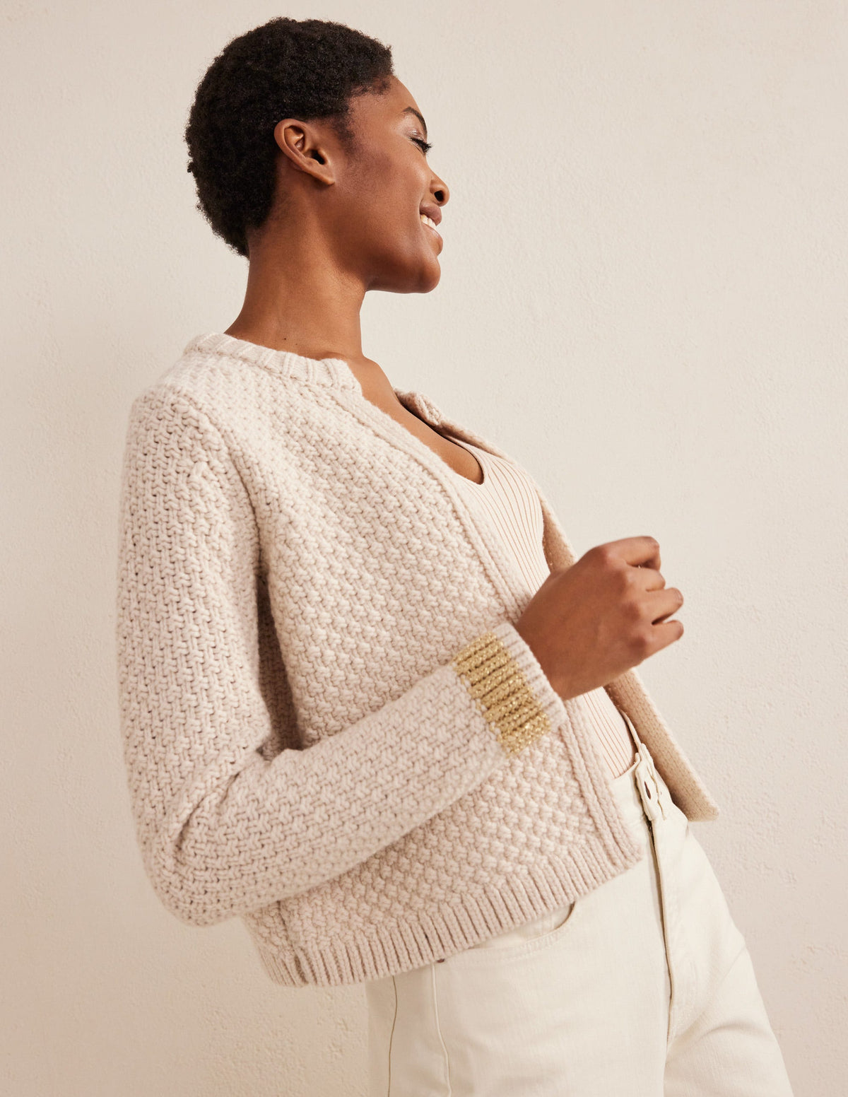 Textured Chunky Wool Cardigan-Shearling, Gold - Image 1