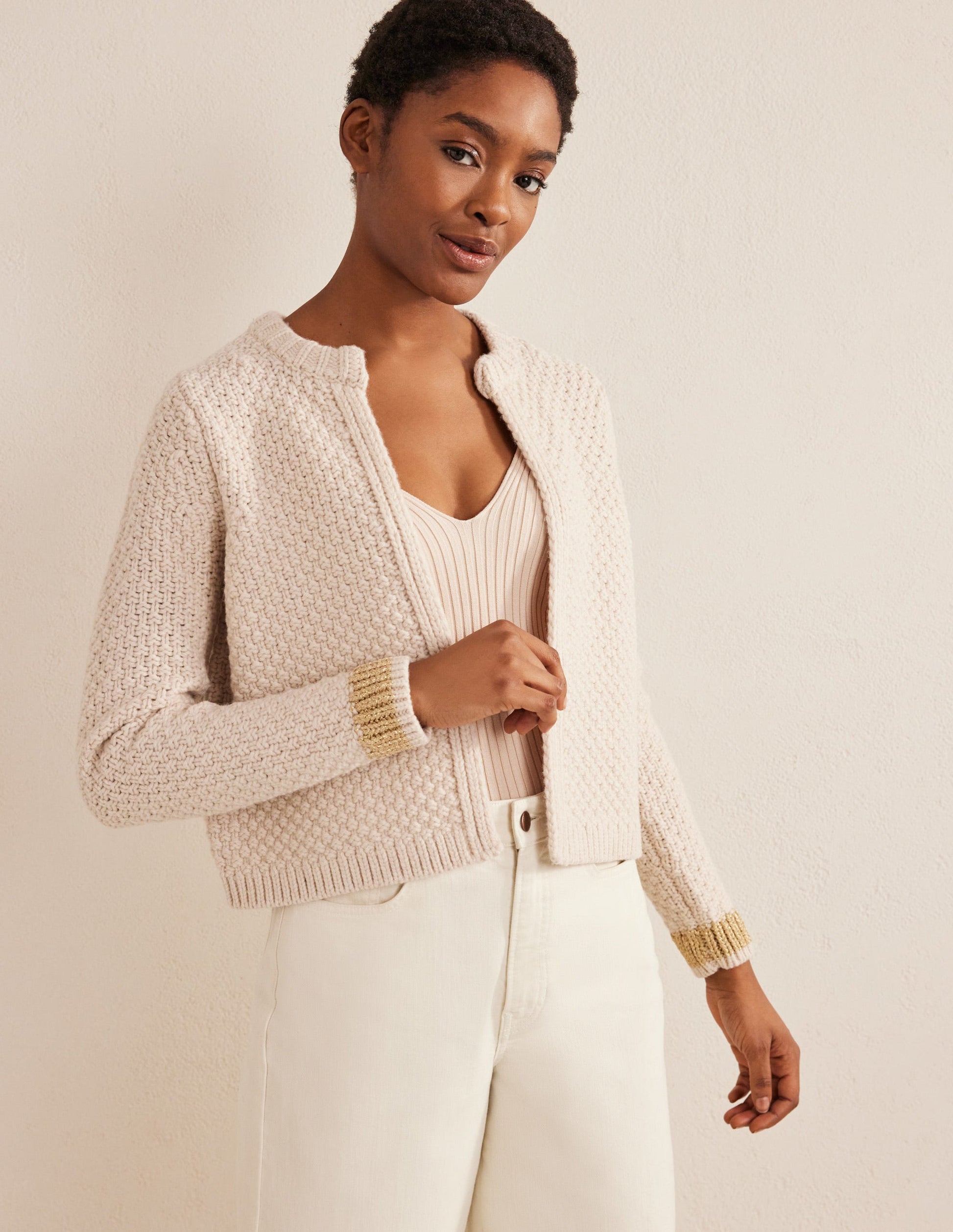 Textured Chunky Wool Cardigan-Shearling, Gold-4