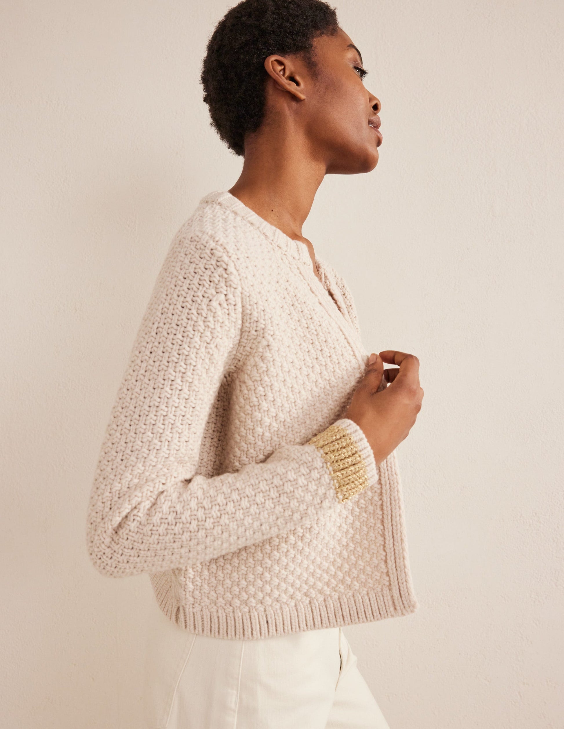 Textured Chunky Wool Cardigan-Shearling, Gold-6