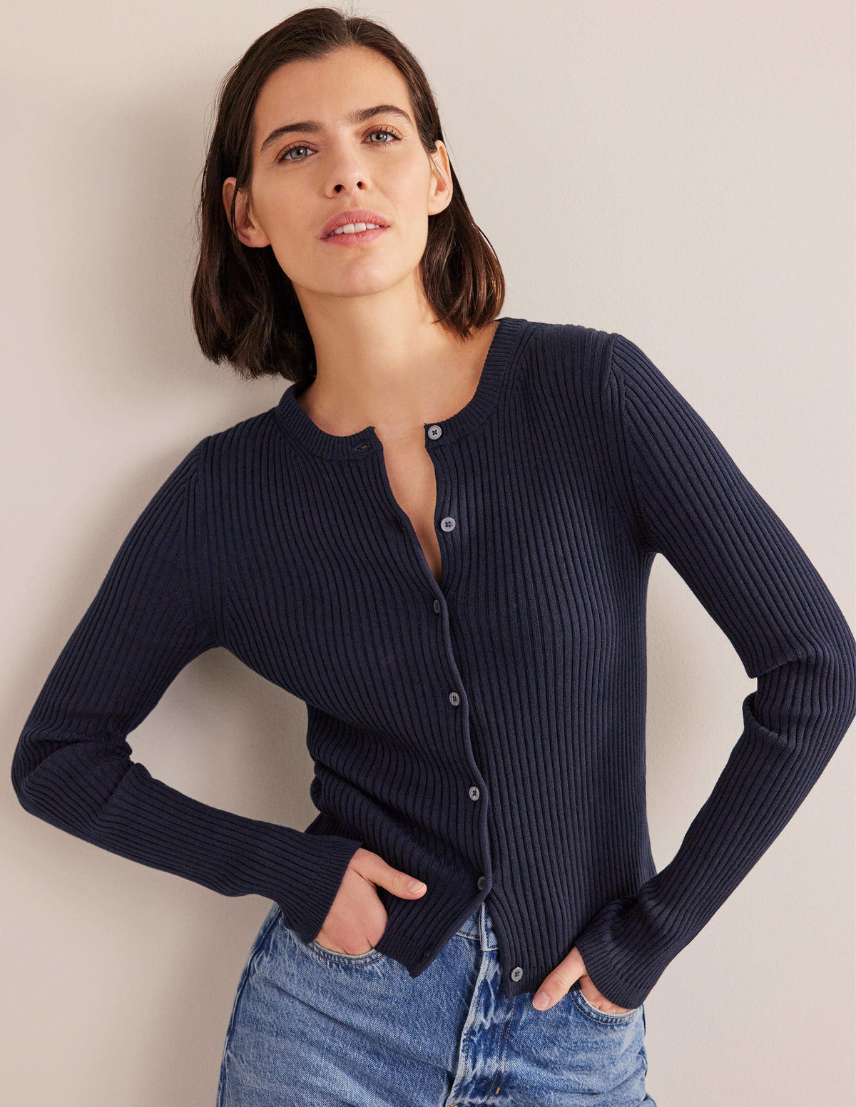 Ribbed Detail Cardigan-Navy-1