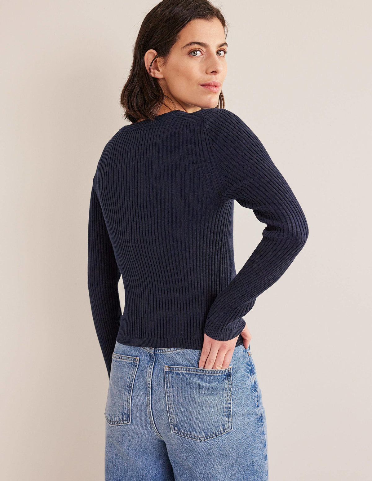 Ribbed Detail Cardigan-Navy - Image 3