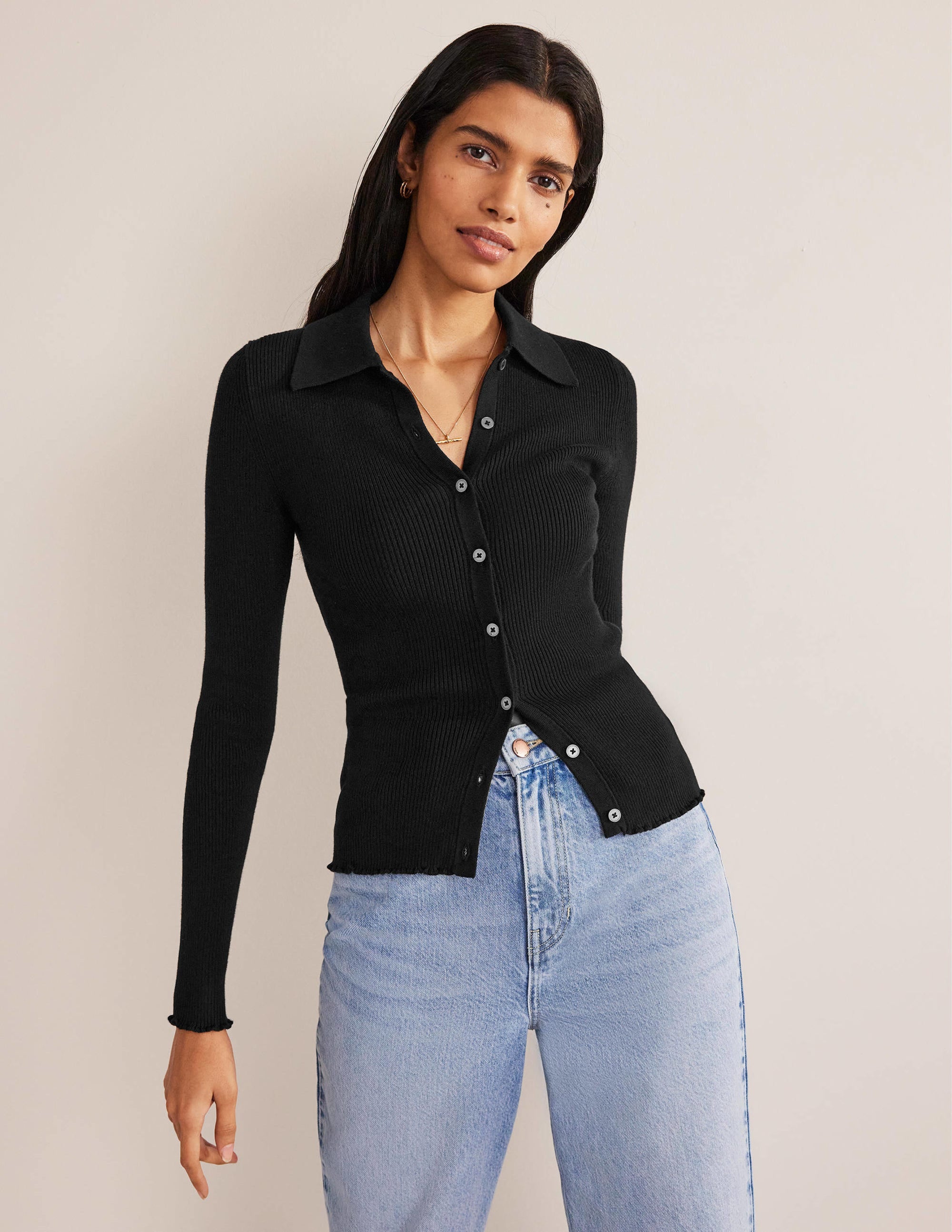 Ribbed-Knit Fitted Shirt-Black - Image 4
