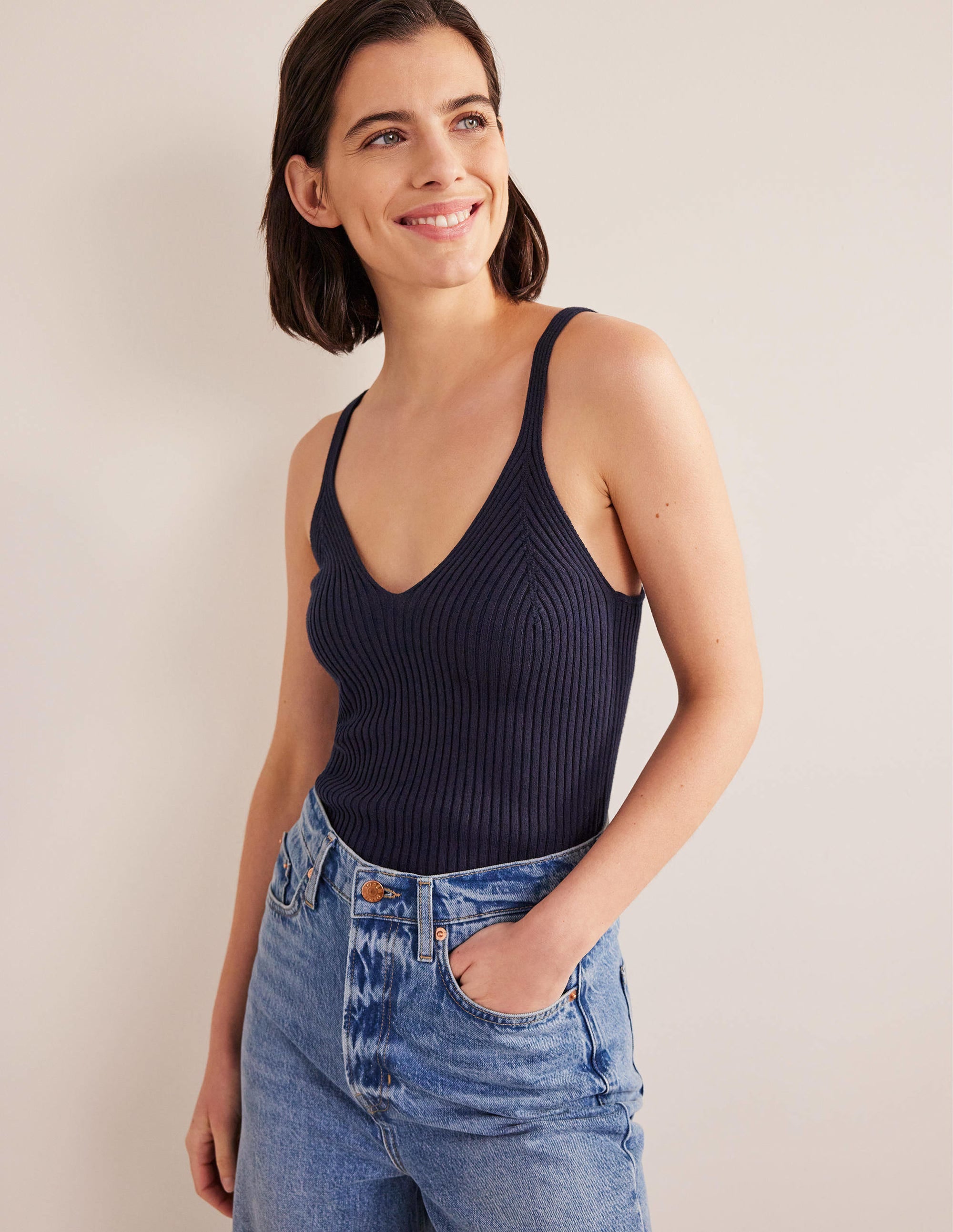 Ribbed Vest Top-Navy - Image 4