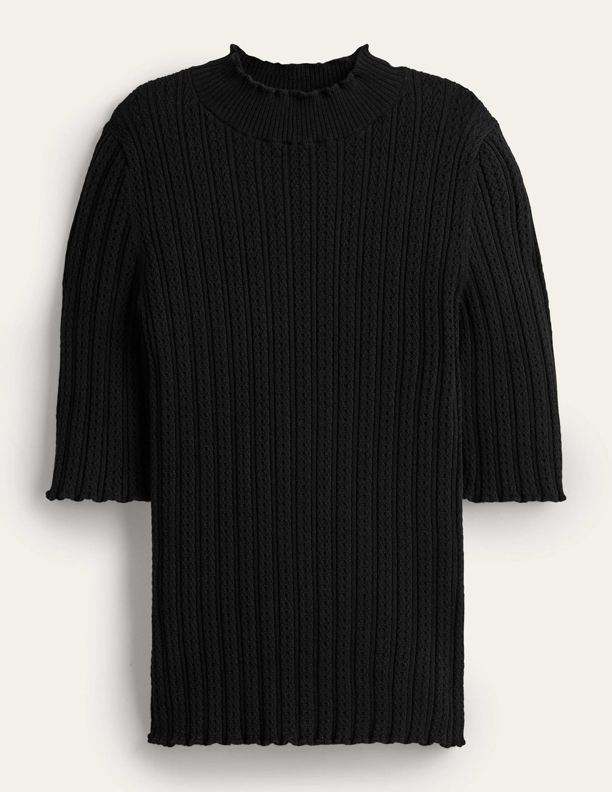 Ribbed Pointelle High Neck Top-Black - Image 5