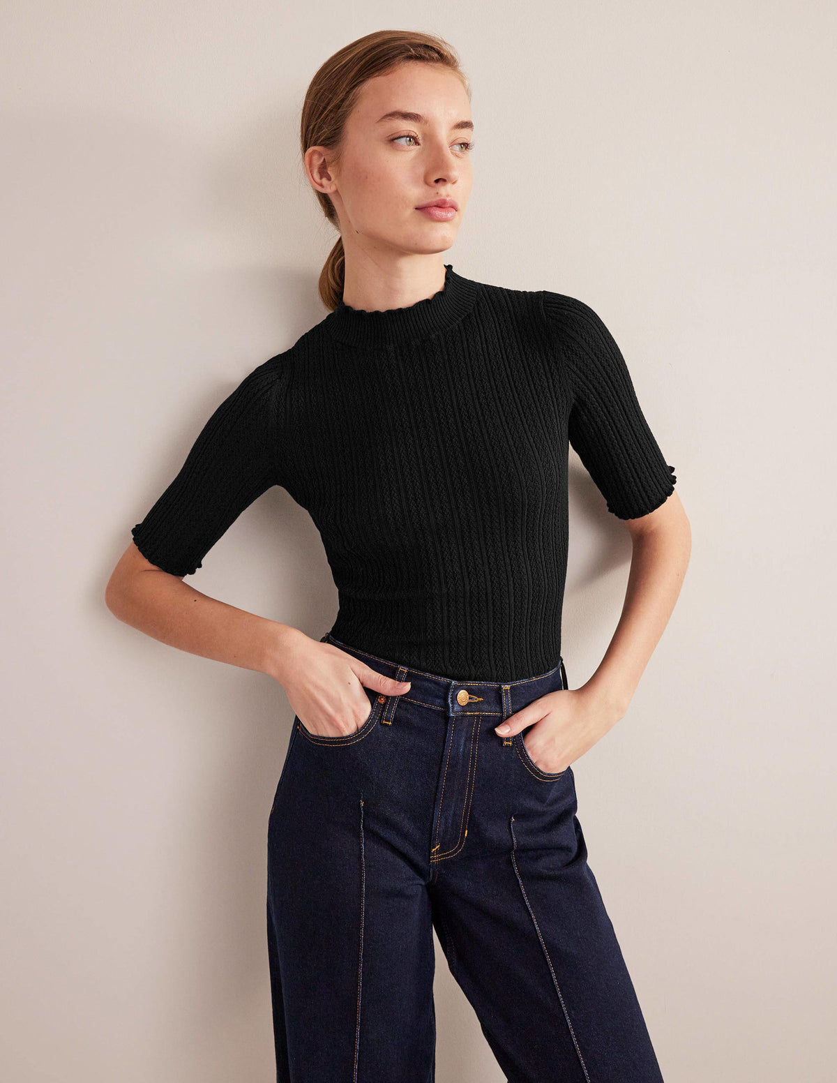Ribbed Pointelle High Neck Top-Black - Image 1