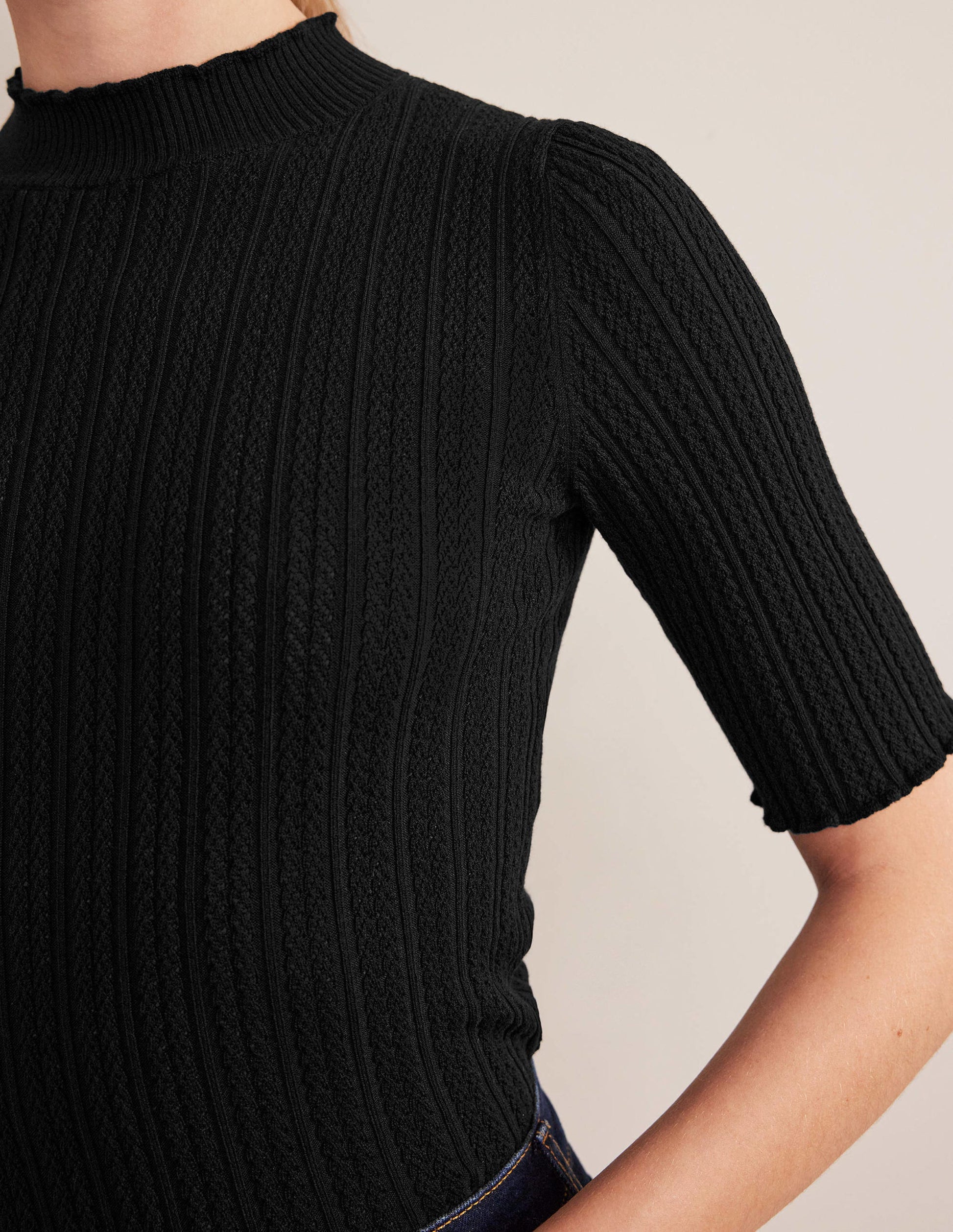 Ribbed Pointelle High Neck Top-Black-2