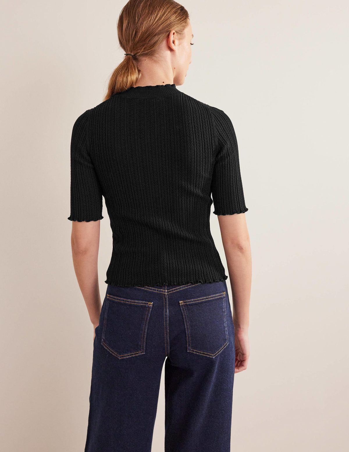 Ribbed Pointelle High Neck Top-Black - Image 3