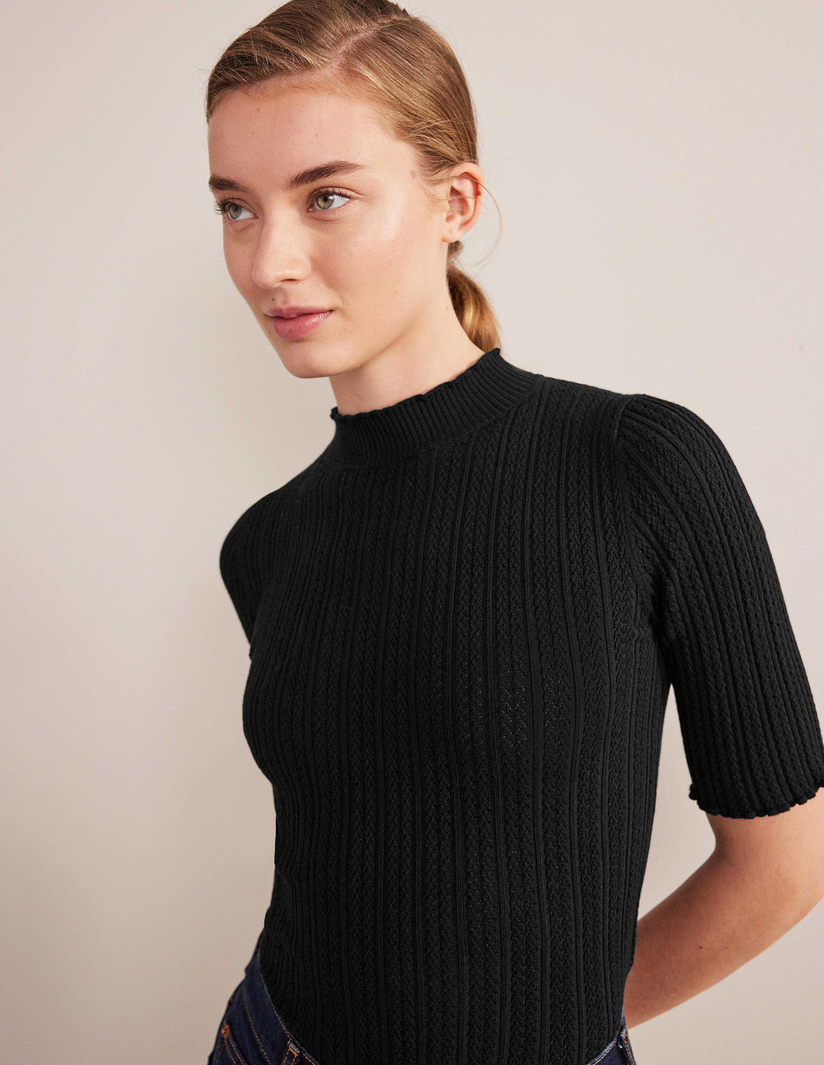 Ribbed Pointelle High Neck Top-Black - Image 4