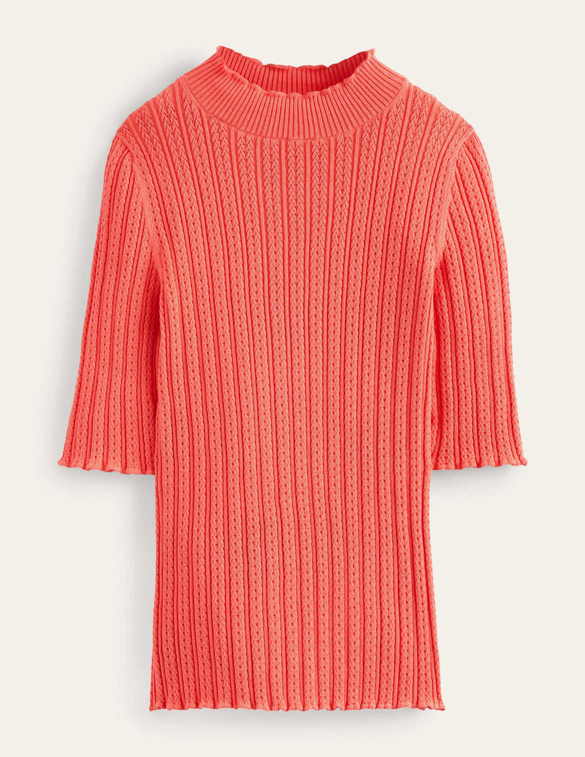 Ribbed Pointelle High Neck Top-Coral-5