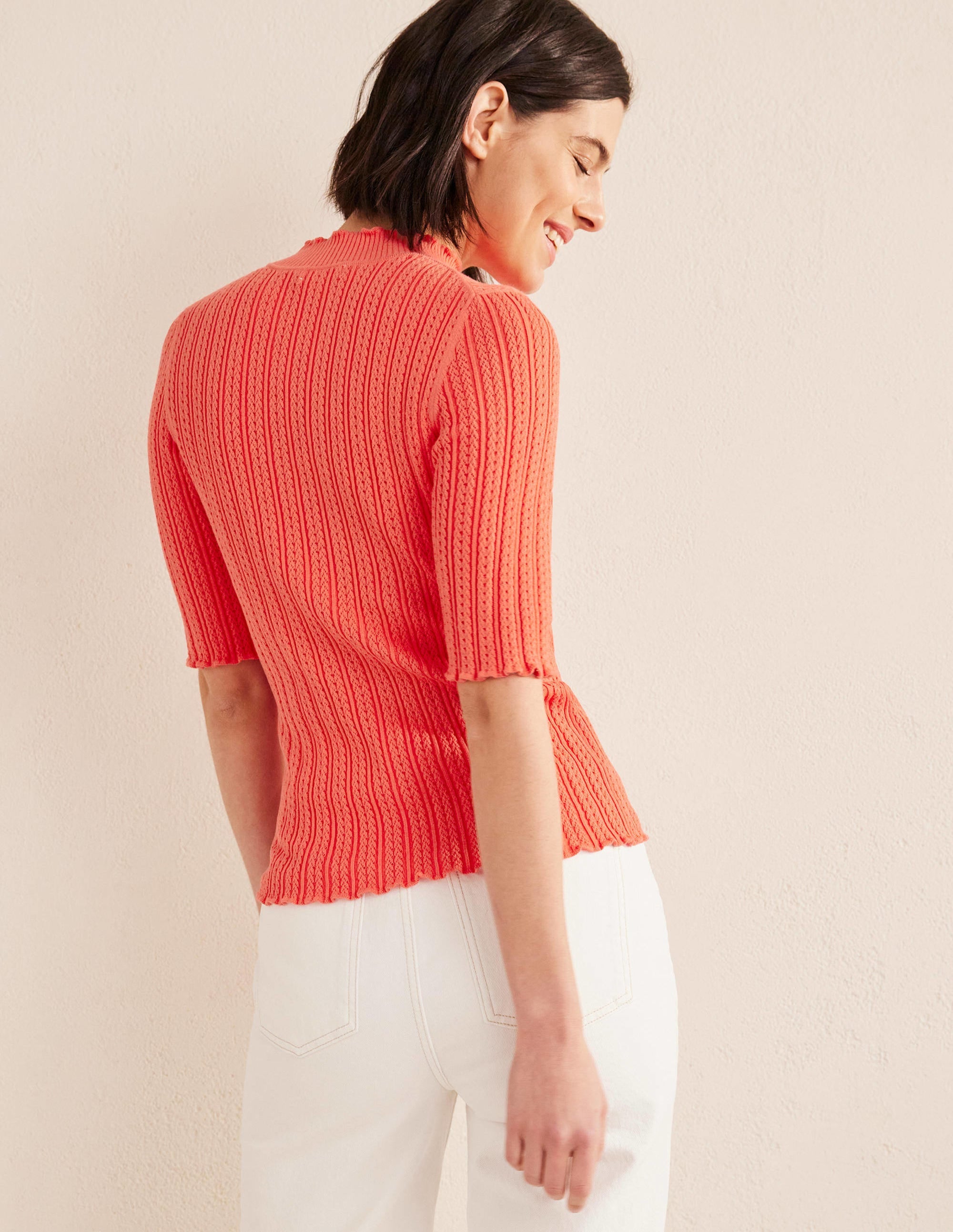 Ribbed Pointelle High Neck Top-Coral - Image 3