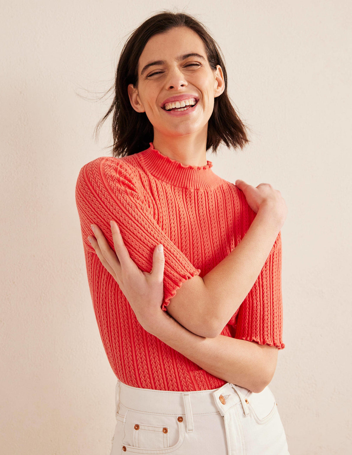 Ribbed Pointelle High Neck Top-Coral-4