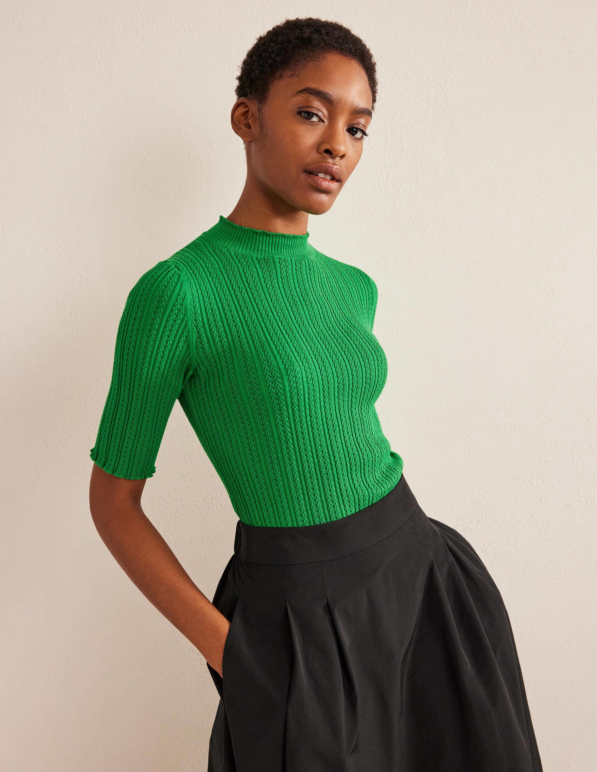 Ribbed Pointelle High Neck Top-Green Bee - Image 1