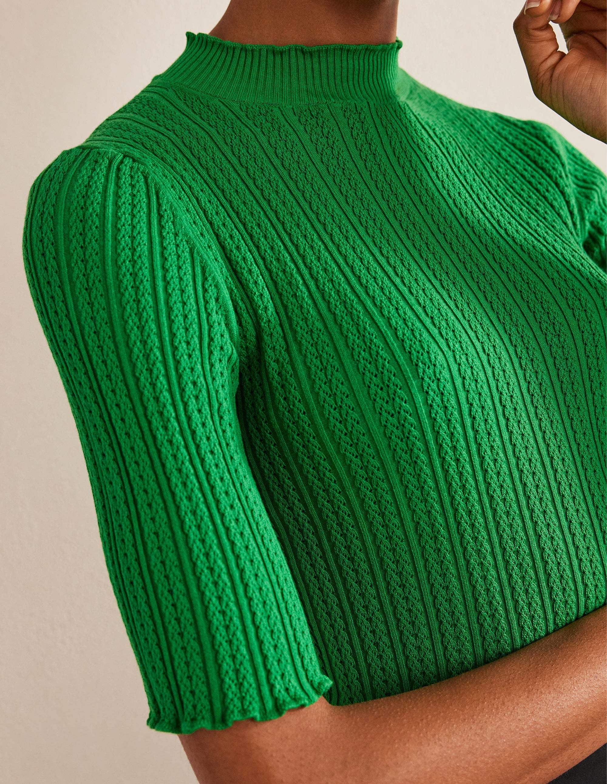 Ribbed Pointelle High Neck Top-Green Bee - Image 2