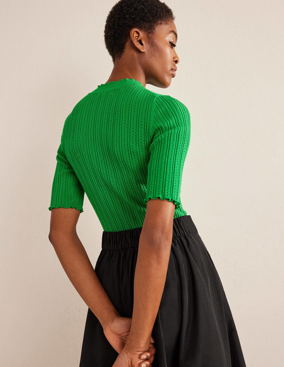 Ribbed Pointelle High Neck Top-Green Bee - Image 3
