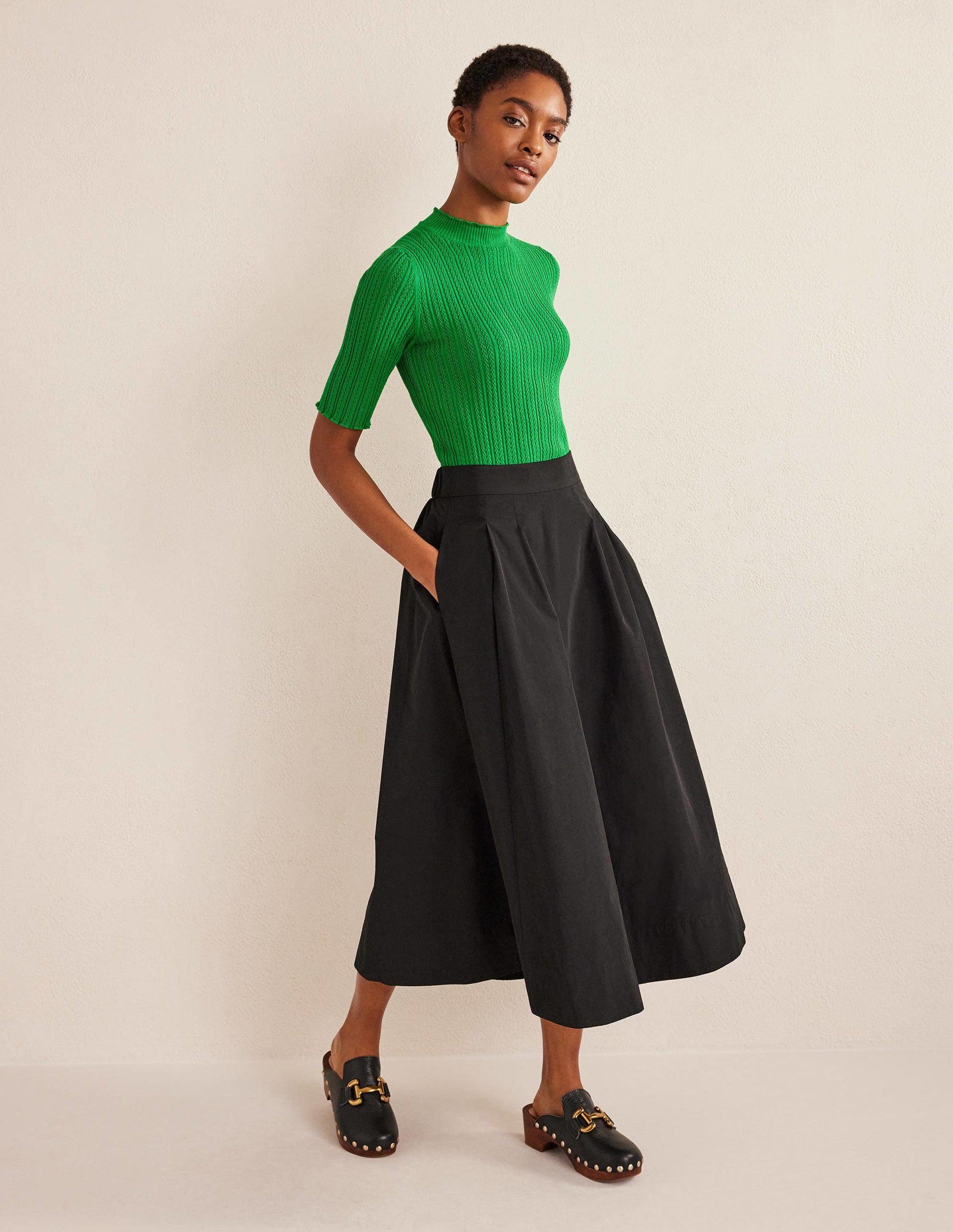 Ribbed Pointelle High Neck Top-Green Bee-4