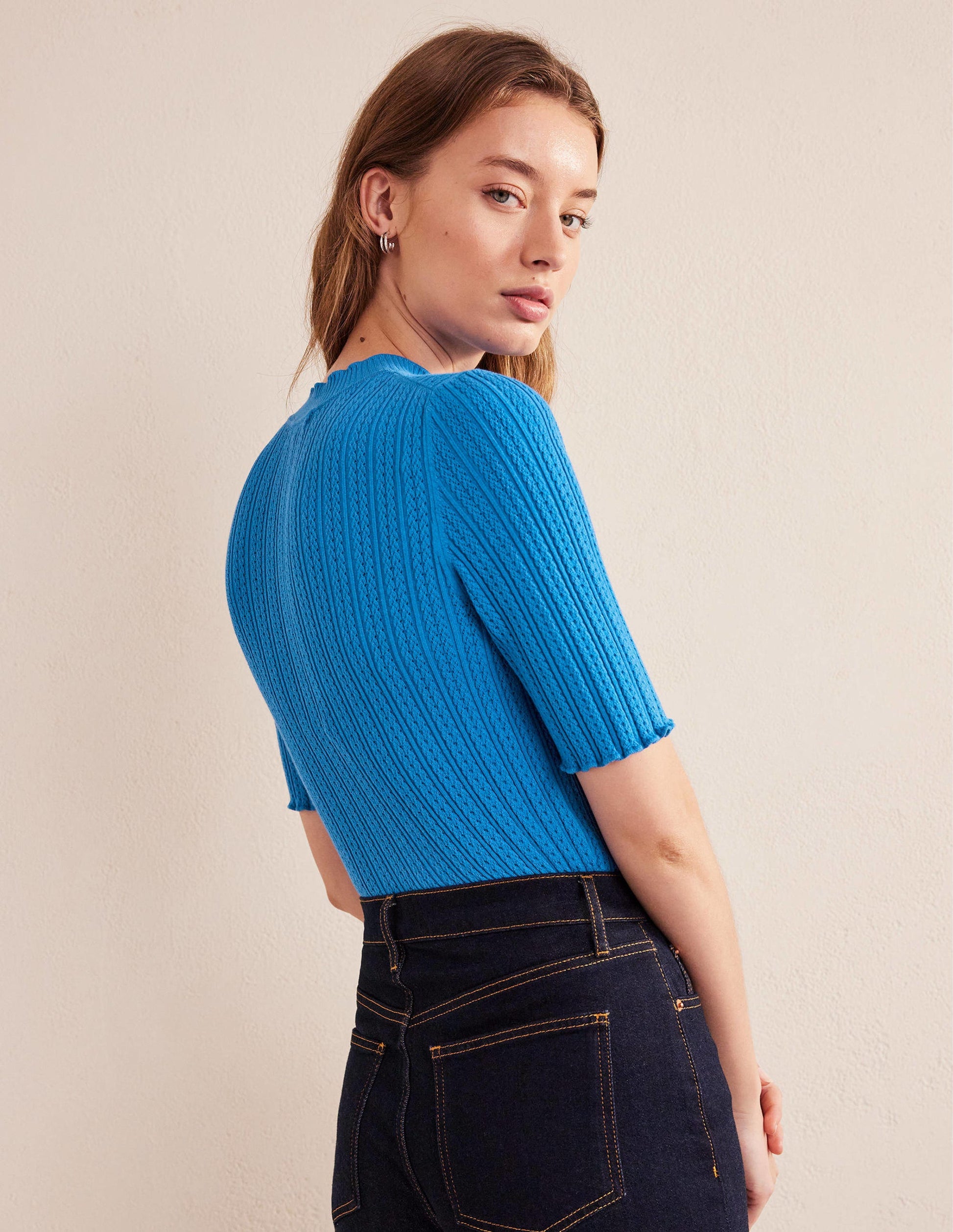 Ribbed Pointelle High Neck Top-Nebulus Blue-3
