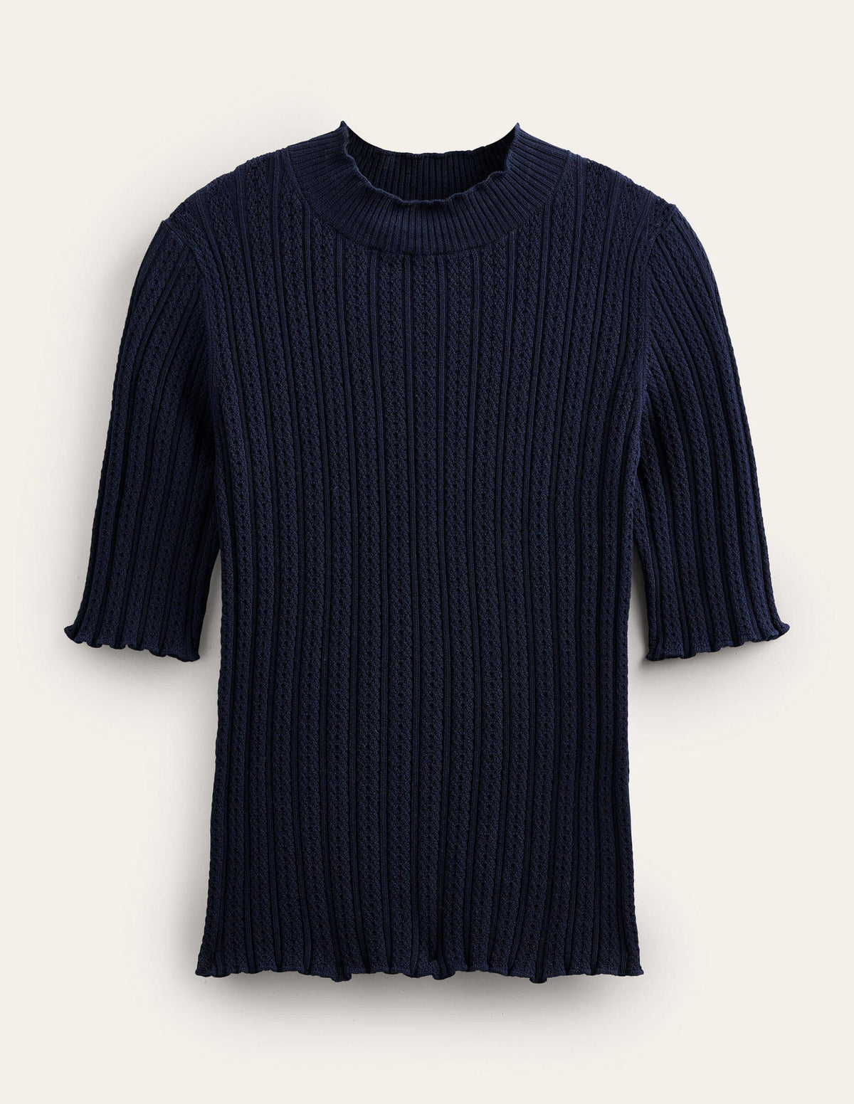 Ribbed Pointelle High Neck Top-Navy-6