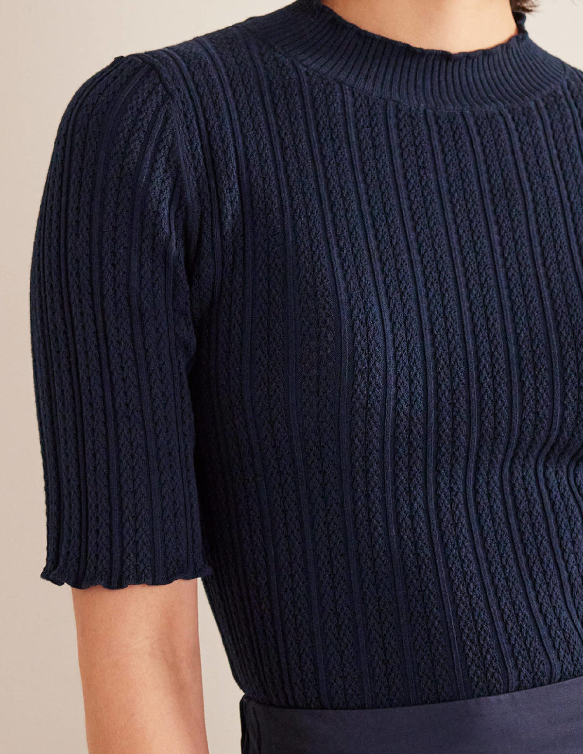 Ribbed Pointelle High Neck Top-Navy - Image 2