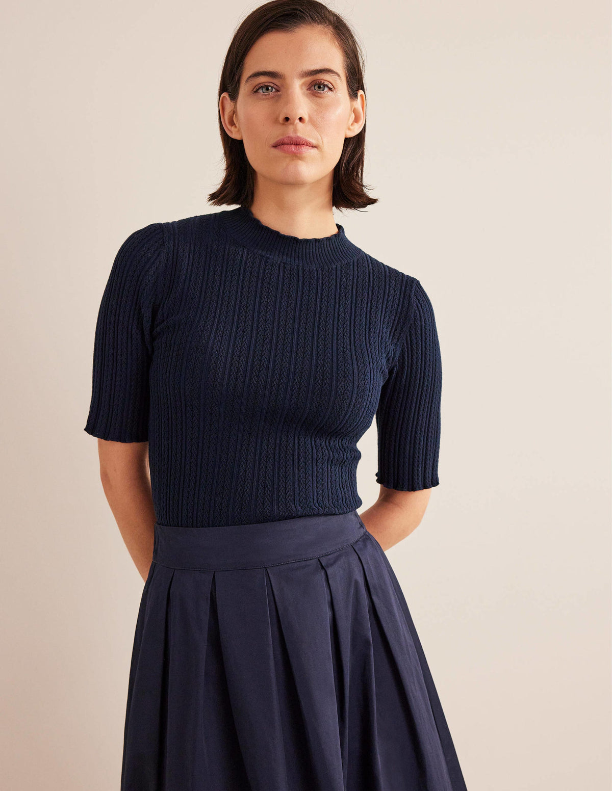 Ribbed Pointelle High Neck Top-Navy - Image 5