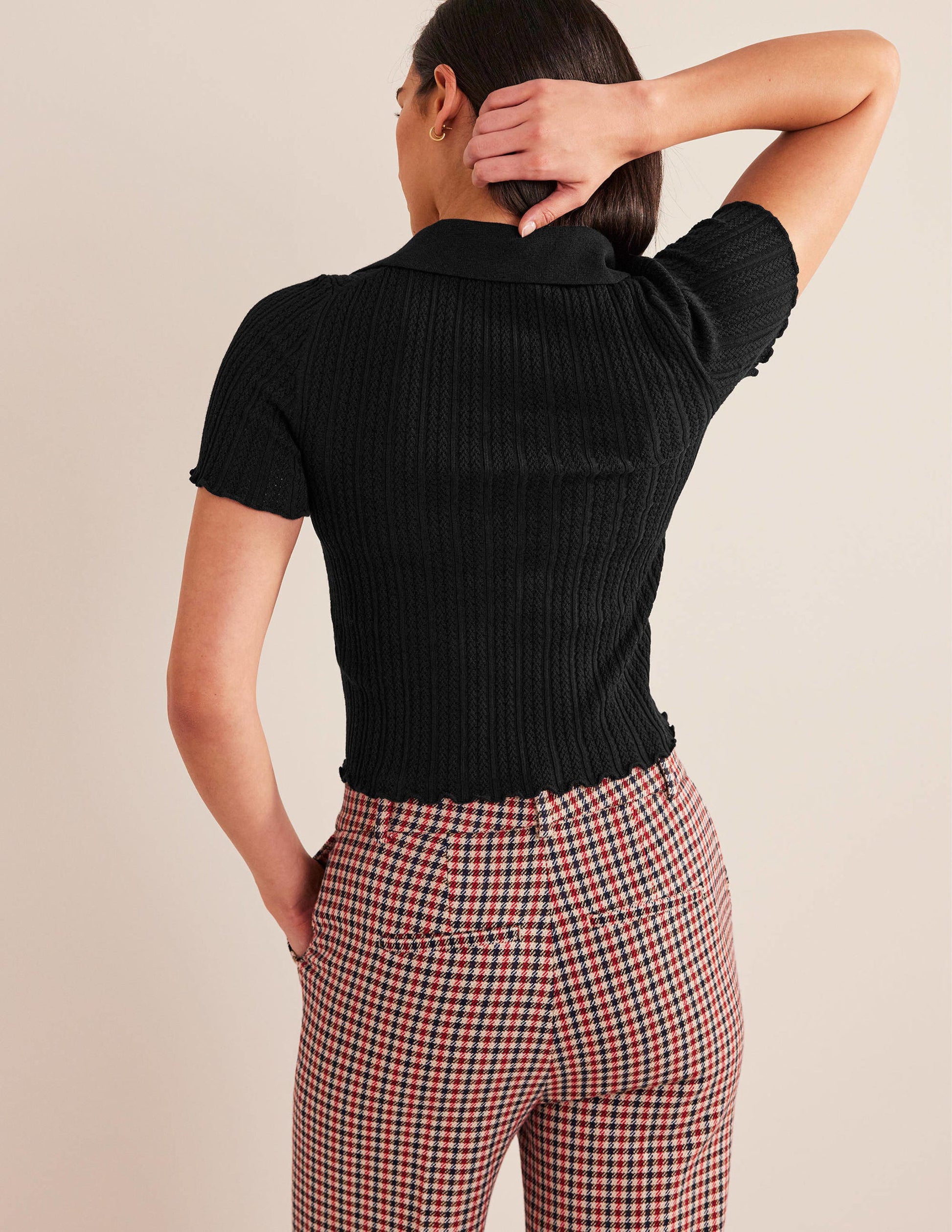 Ribbed Pointelle Collared Top-Black-3