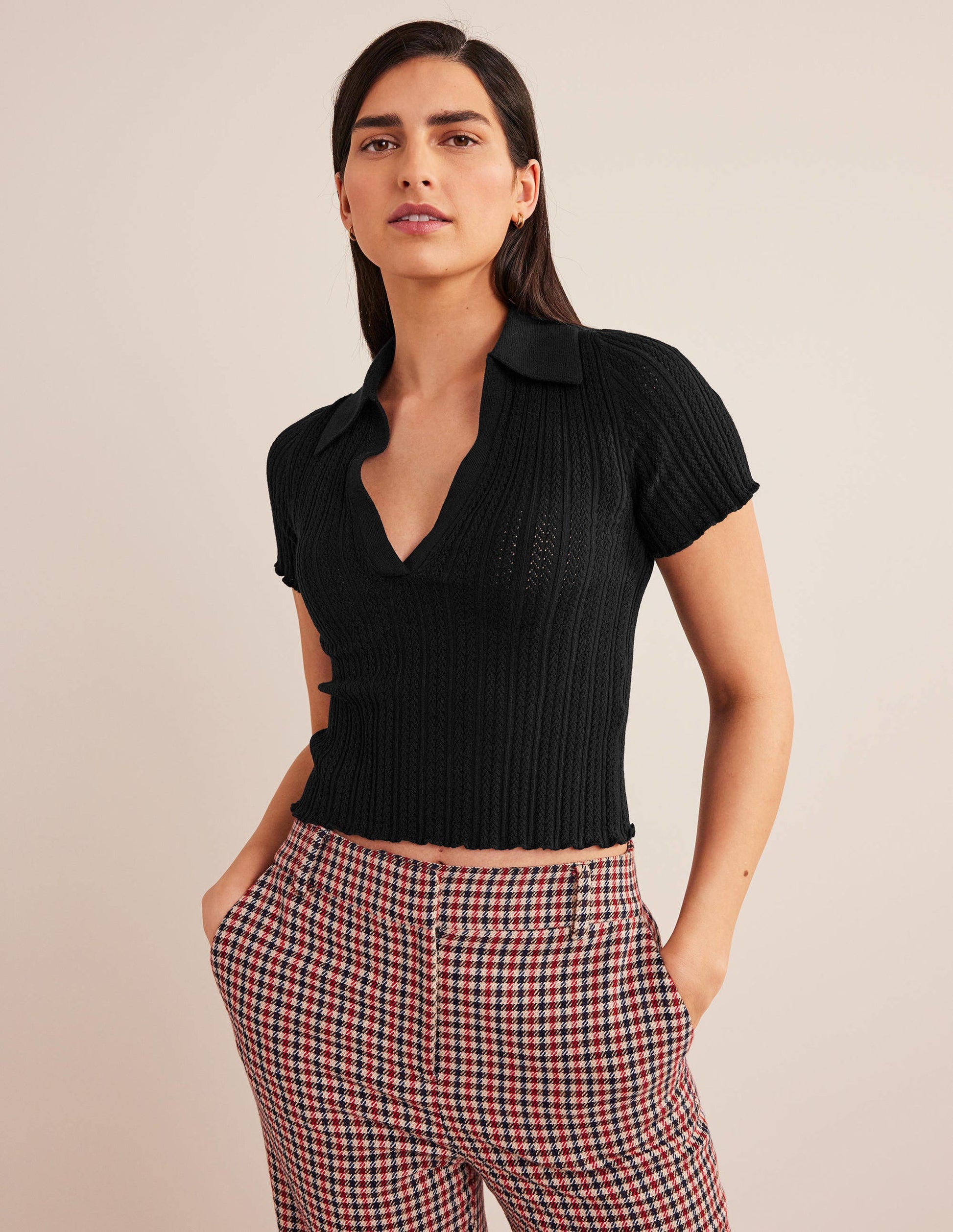 Ribbed Pointelle Collared Top-Black-4