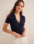 Ribbed Pointelle Collared Top-Navy