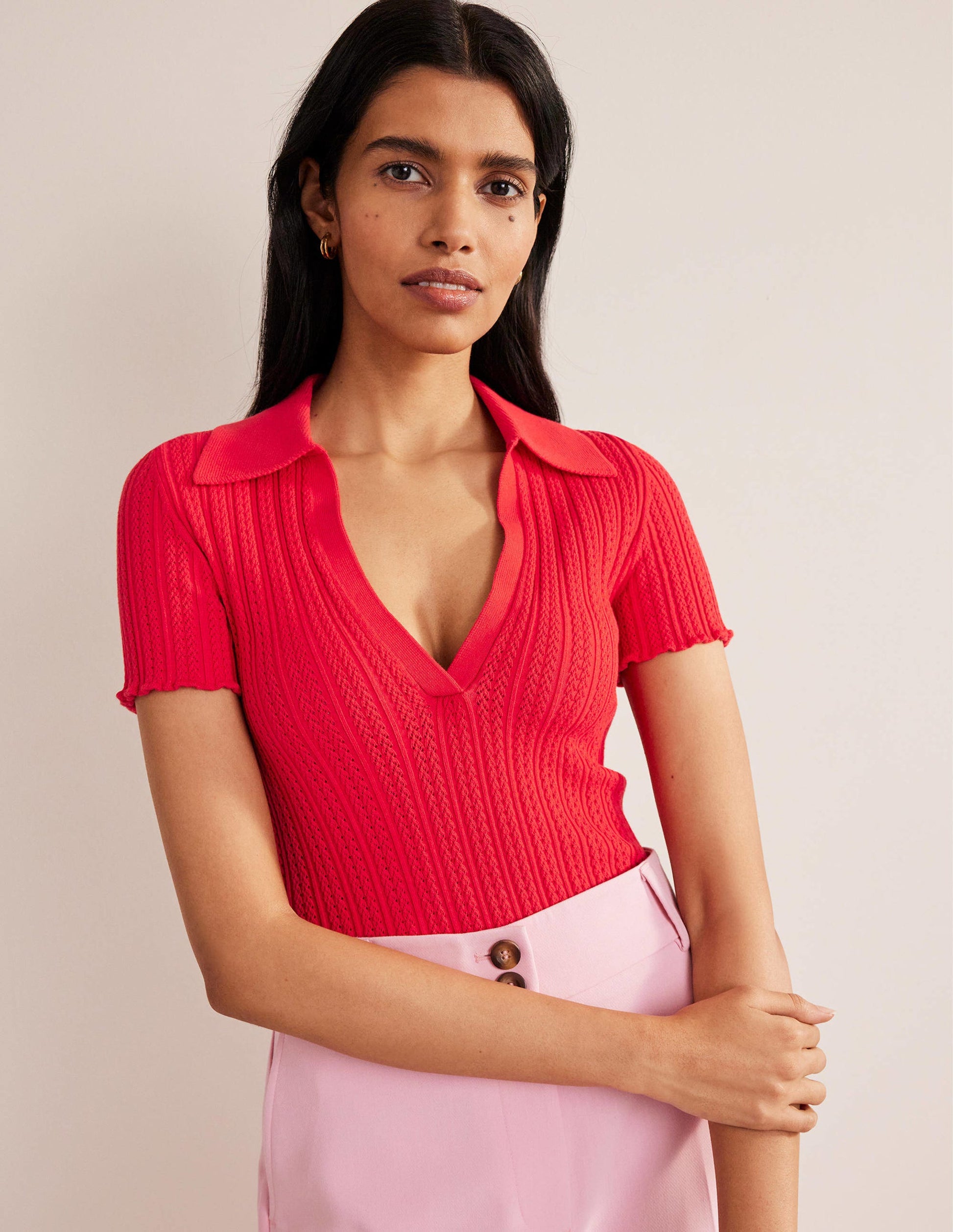 Ribbed Pointelle Collared Top-Strawberry Tart Red-1