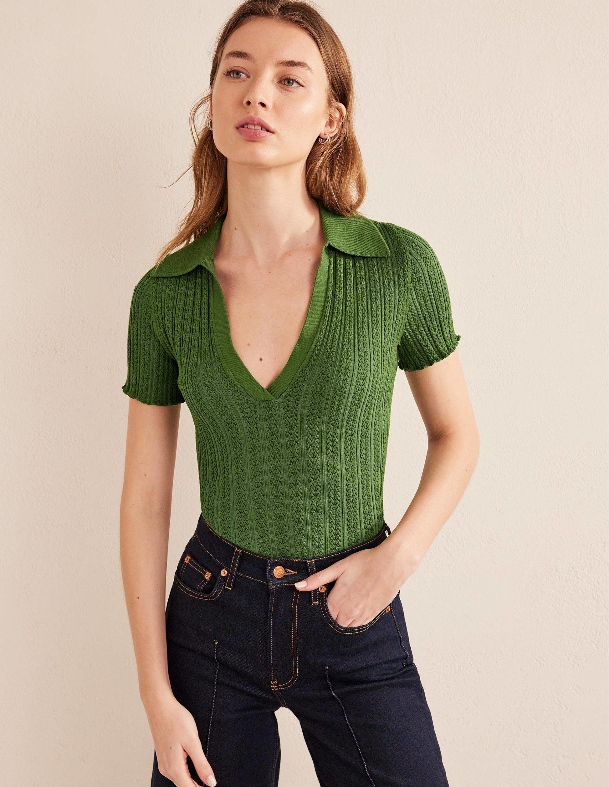 Ribbed Pointelle Collared Top-Park Ranger-1
