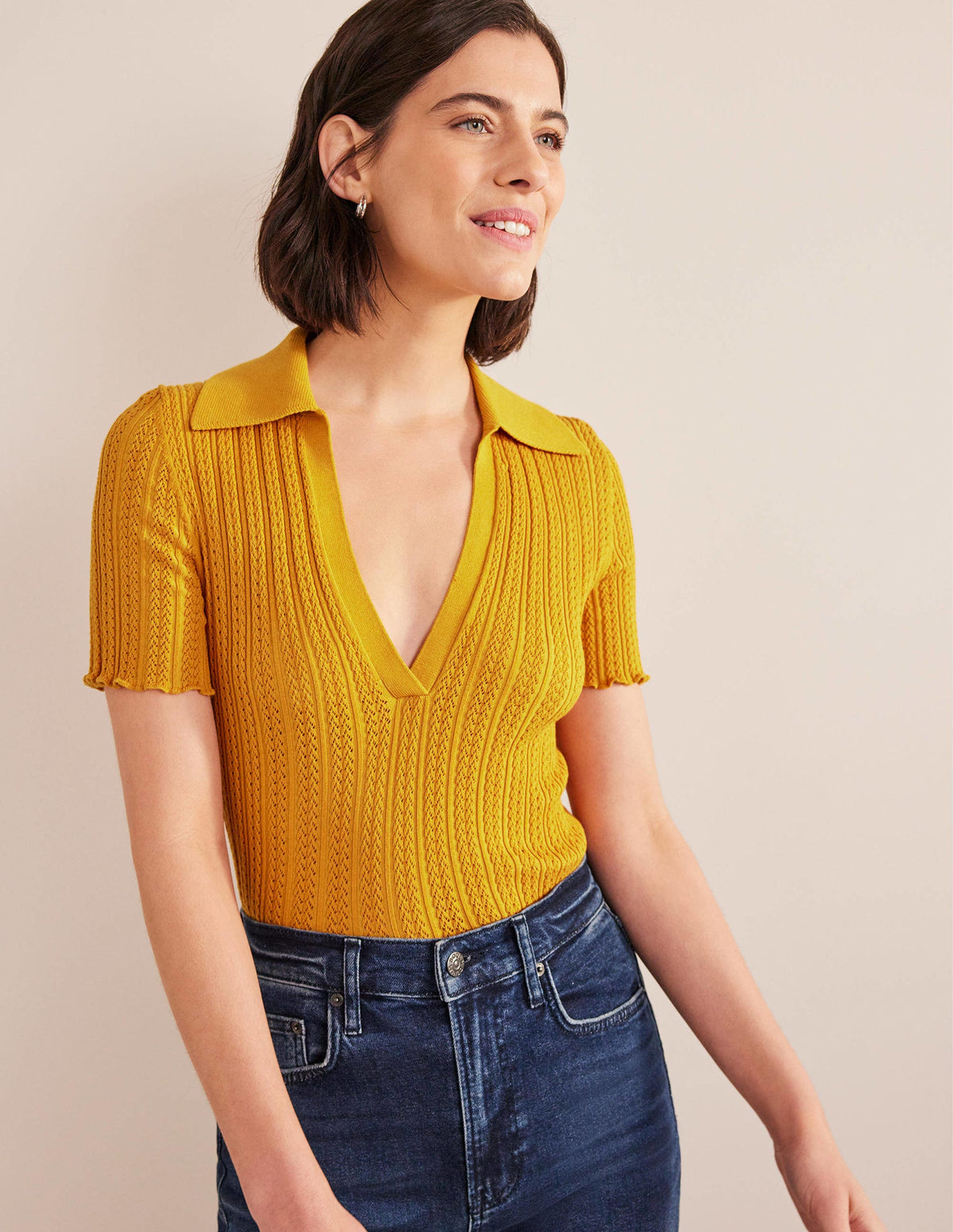 Ribbed Pointelle Collared Top-Harvest Gold - Image 1