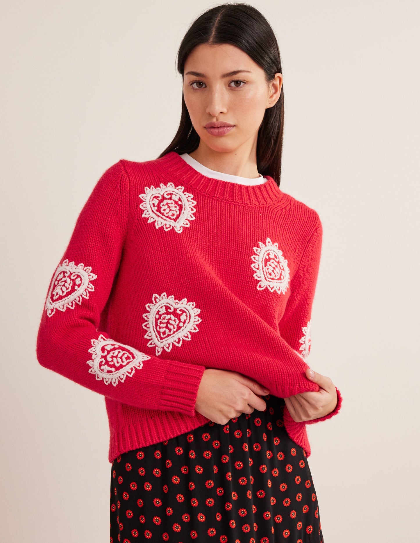 Chunky Embroidered Sweater-Strawberry Tart Red