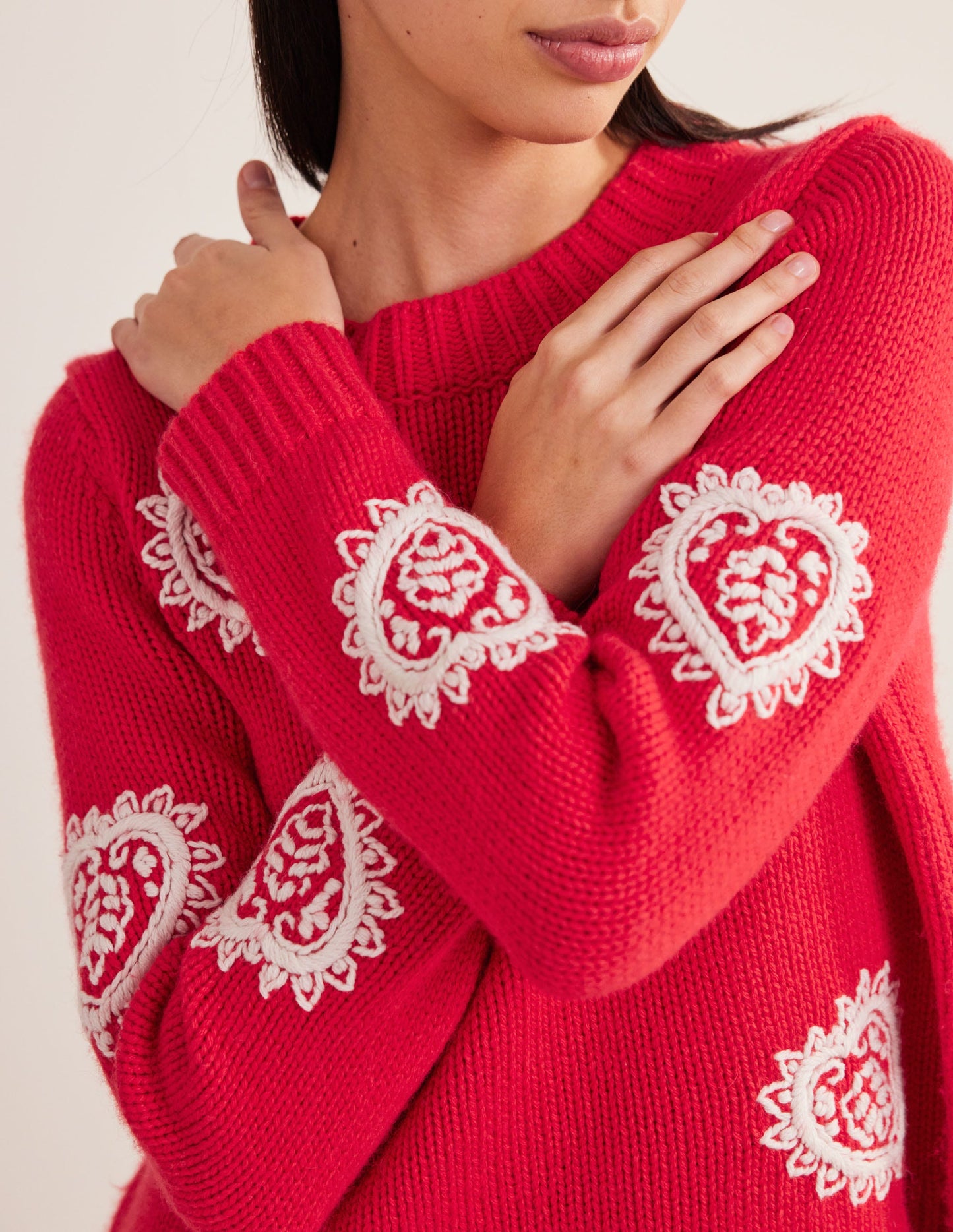 Chunky Embroidered Sweater-Strawberry Tart Red